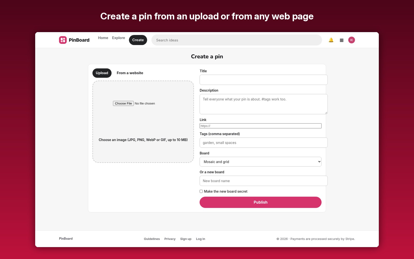 Create a pin from an upload or from any web page