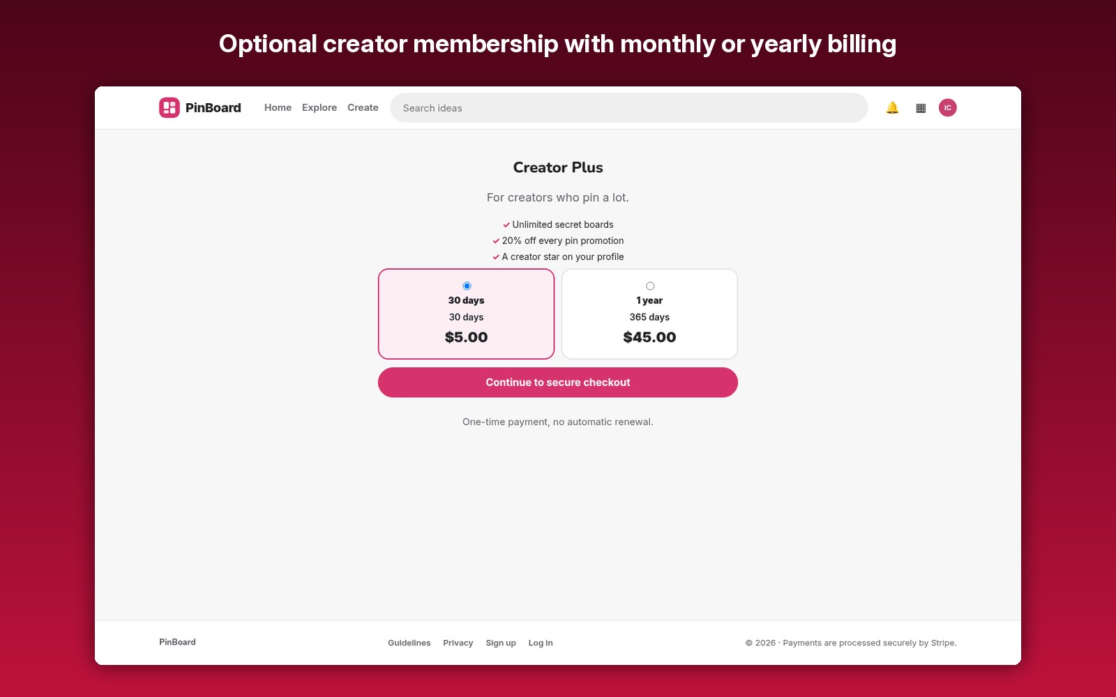 Optional creator membership with monthly or yearly billing