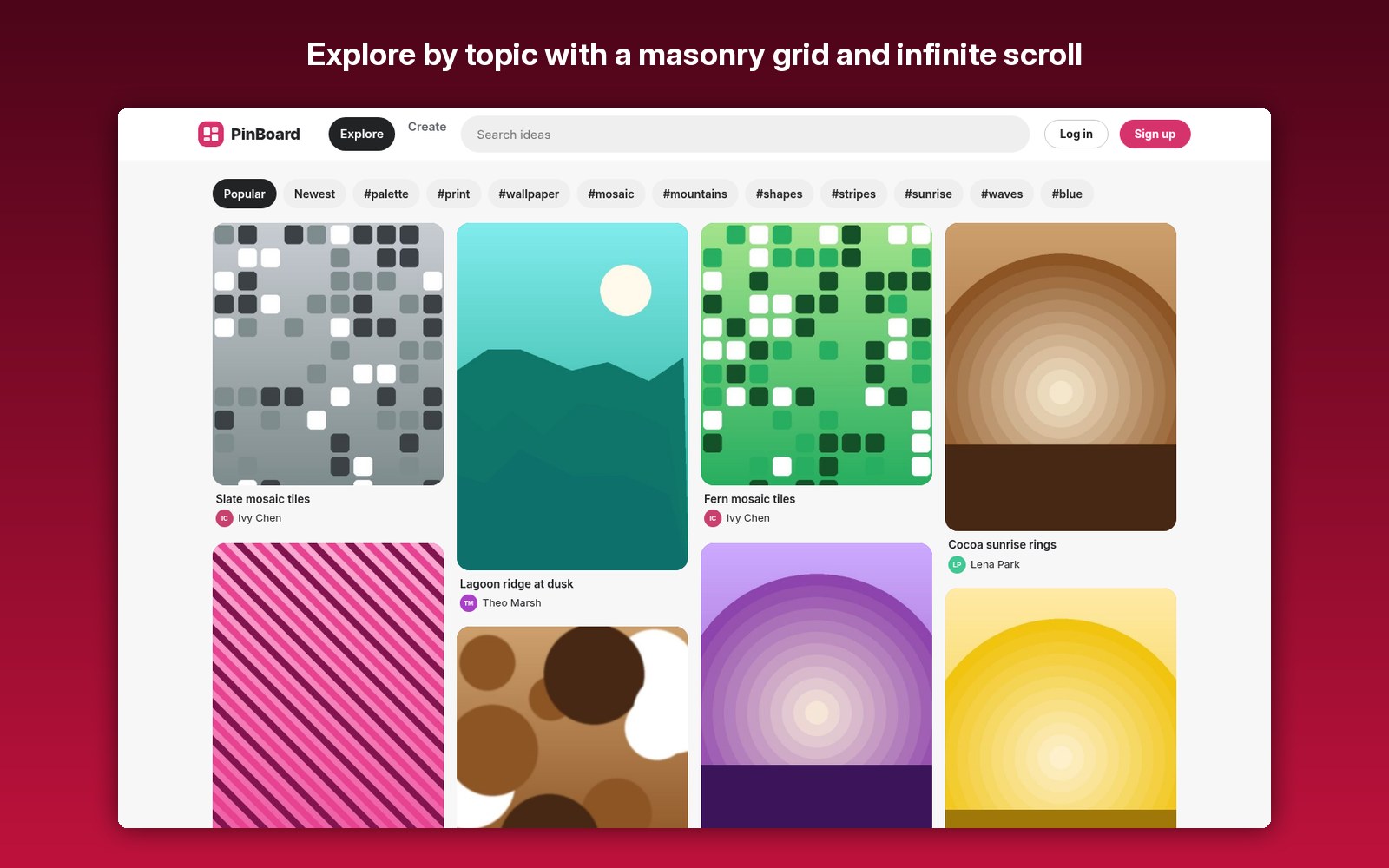 Explore by topic with a masonry grid and infinite scroll