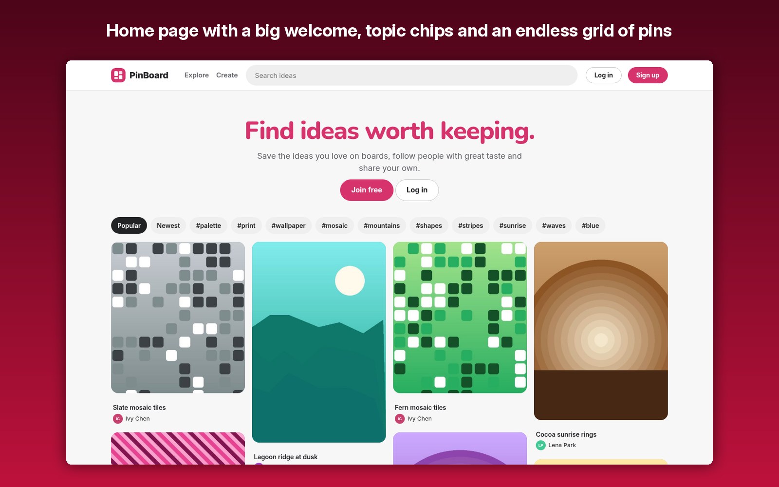 Home page with a big welcome, topic chips and an endless grid of pins