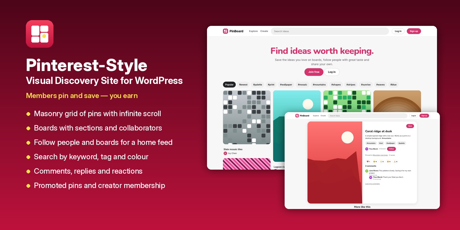 Pinterest-style visual discovery site for WordPress