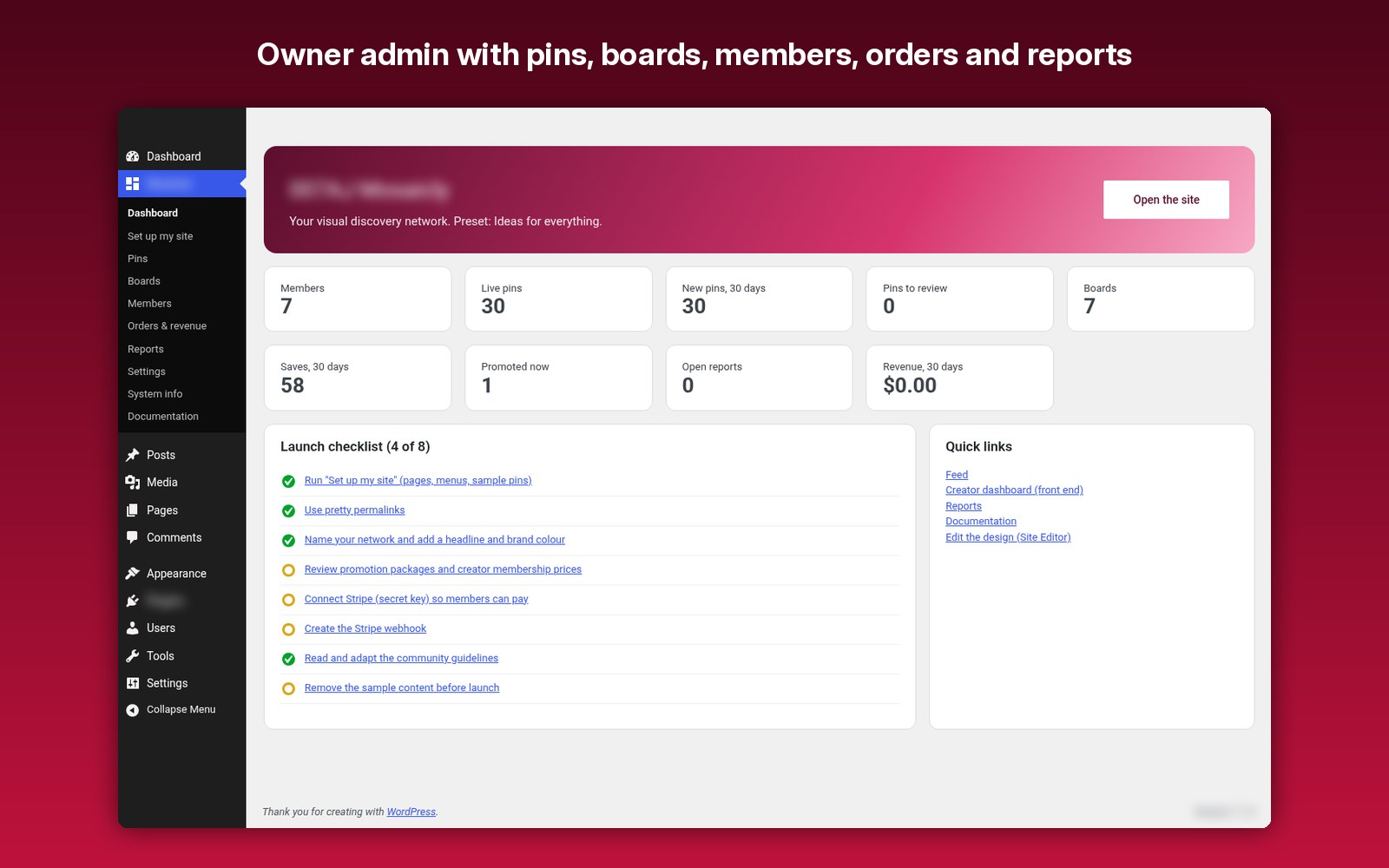 Owner admin with pins, boards, members, orders and reports