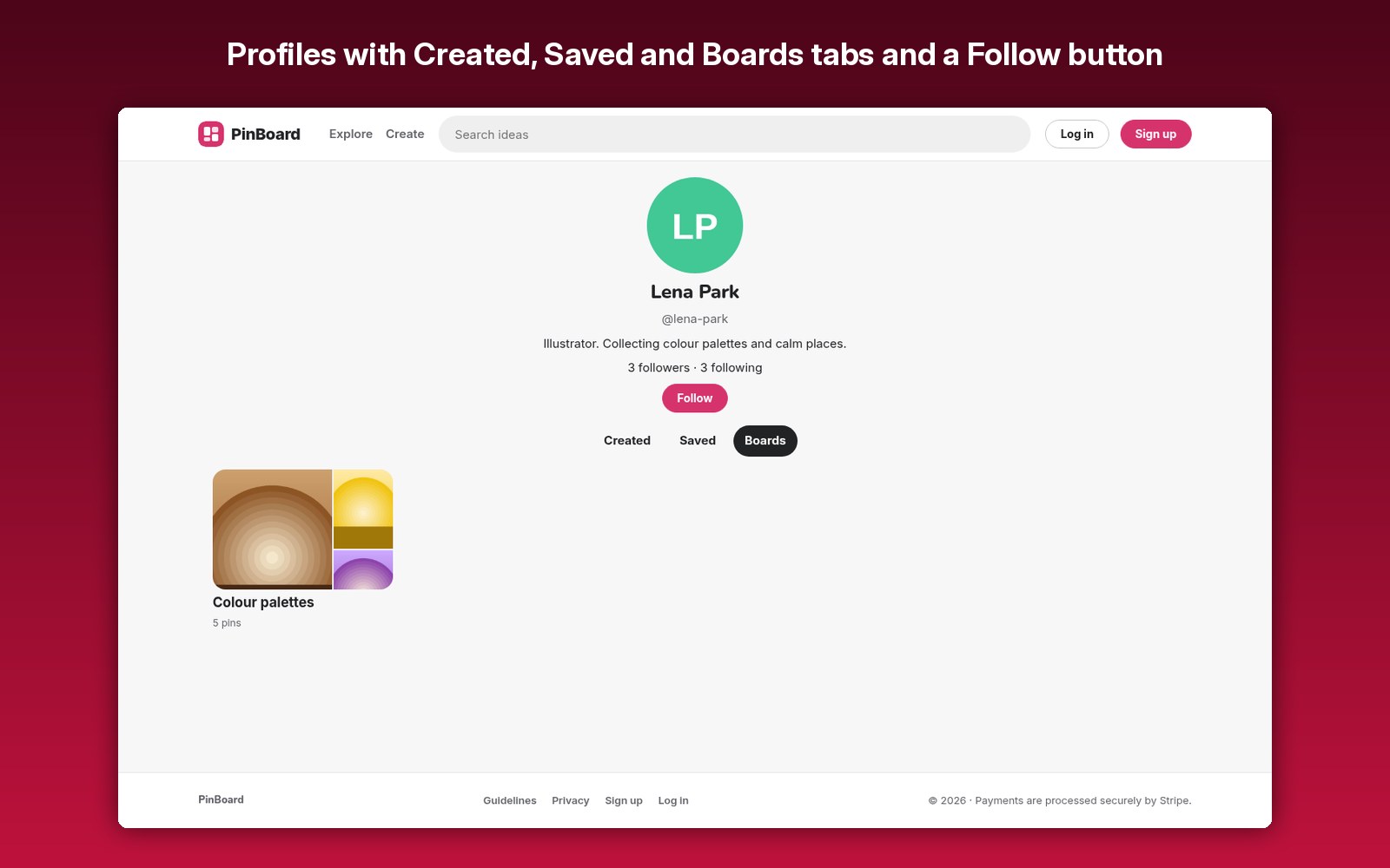 Profiles with Created, Saved and Boards tabs and a Follow button