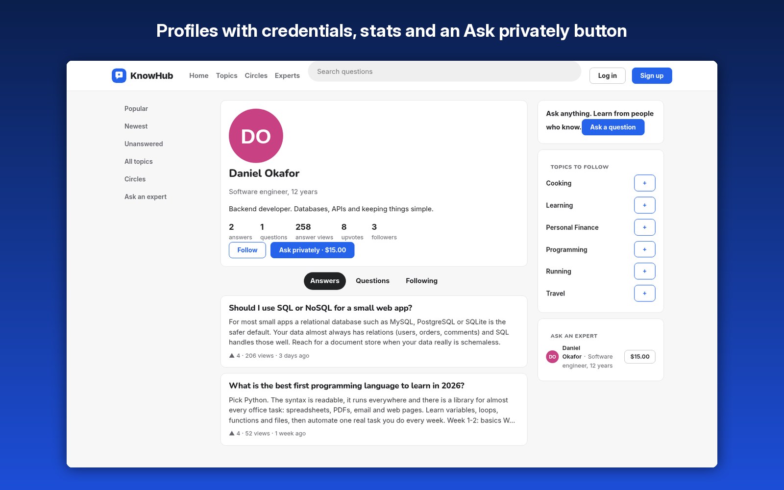 Profiles with credentials, stats and an Ask privately button