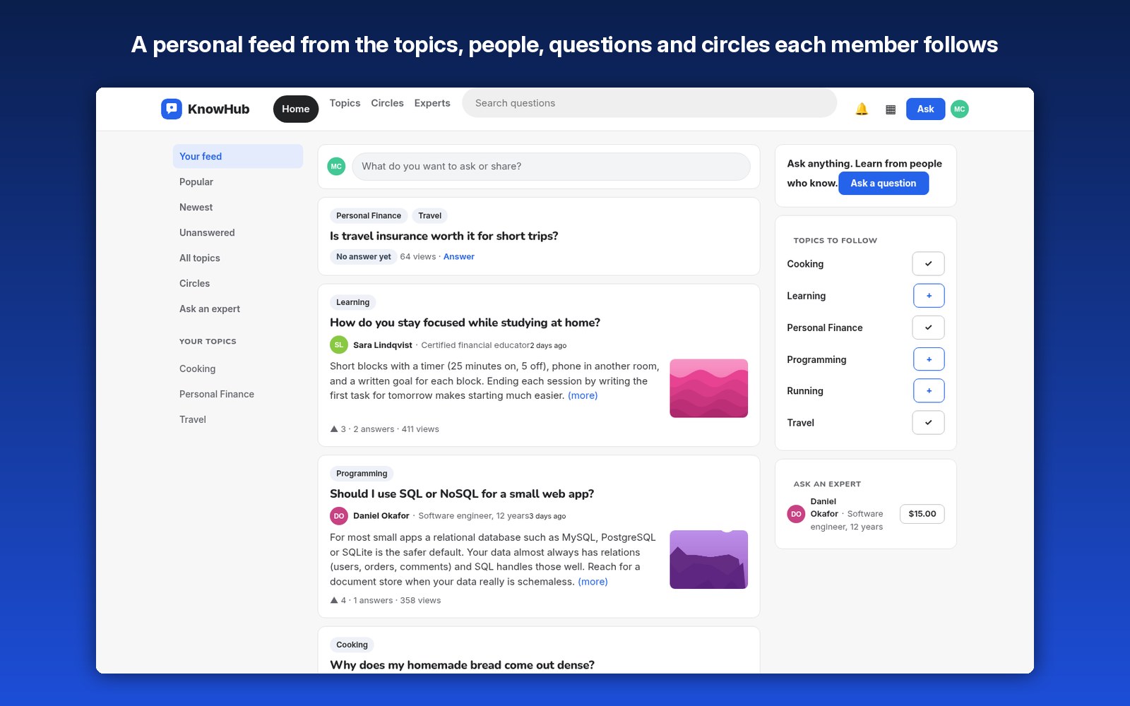 A personal feed from the topics, people, questions and circles each member follows