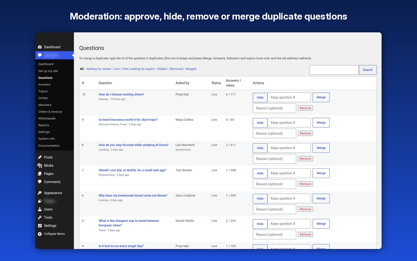 Moderation: approve, hide, remove or merge duplicate questions