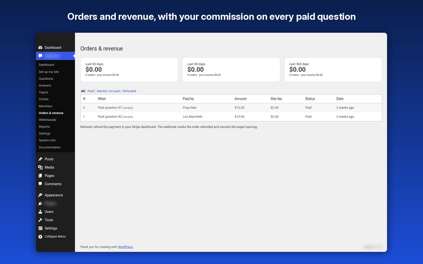 Orders and revenue, with your commission on every paid question