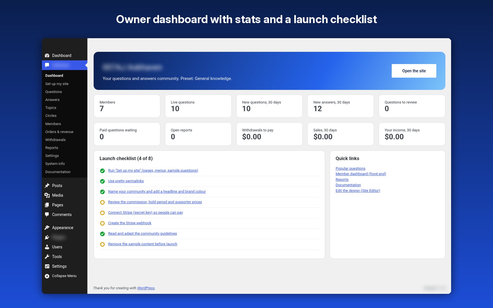 Owner dashboard with stats and a launch checklist