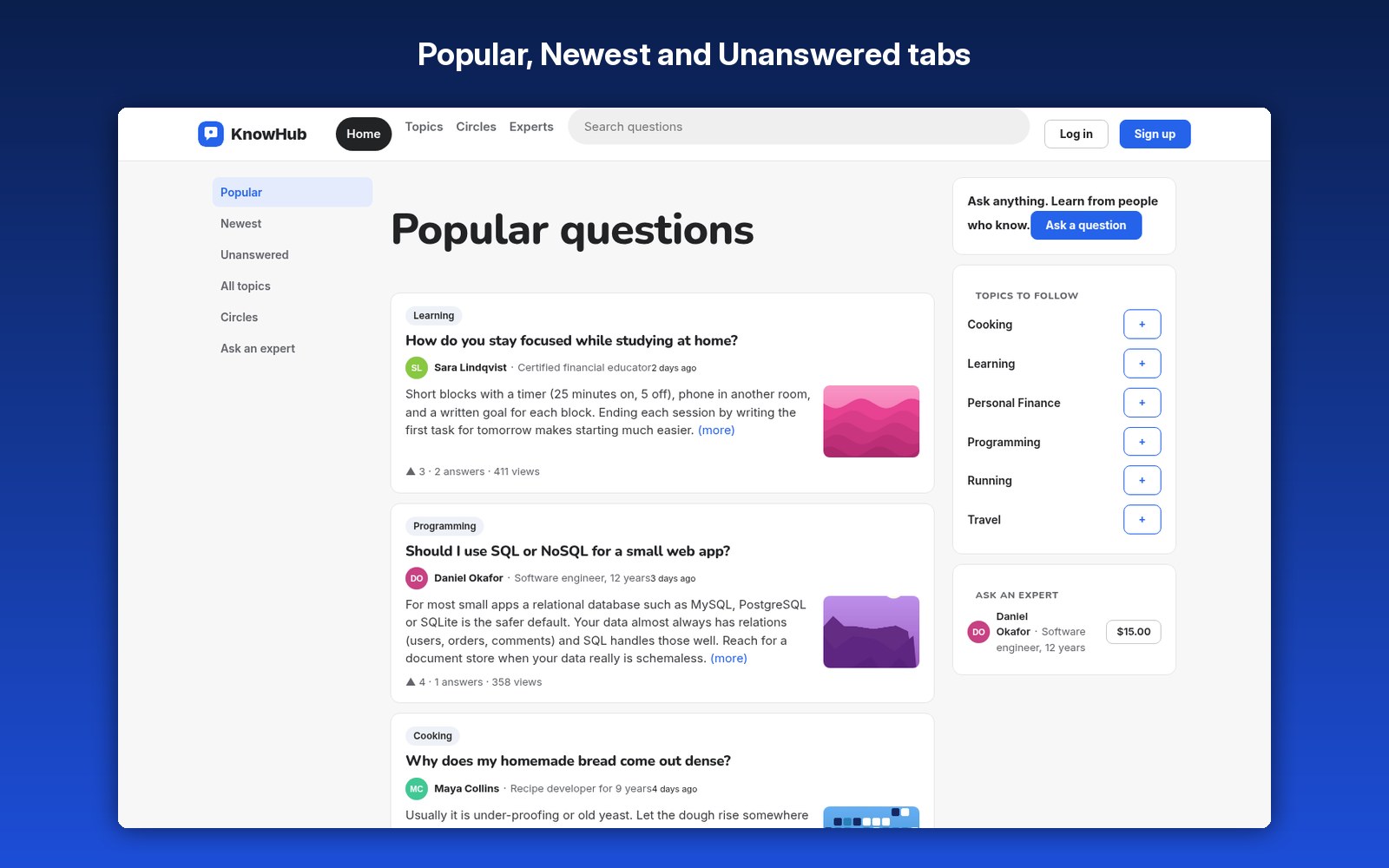 Popular, Newest and Unanswered tabs
