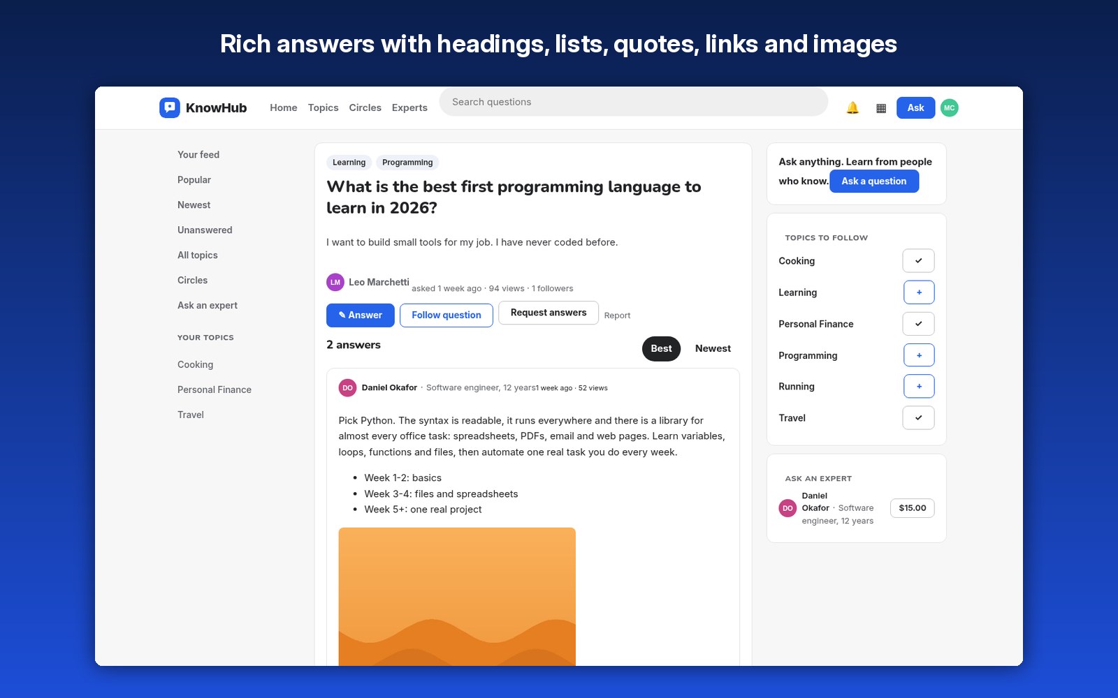 Rich answers with headings, lists, quotes, links and images