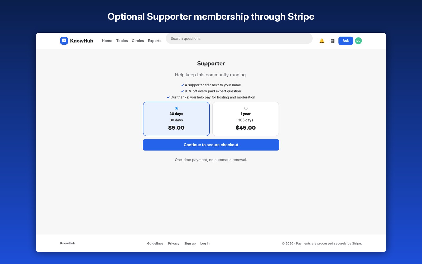 Optional Supporter membership through Stripe