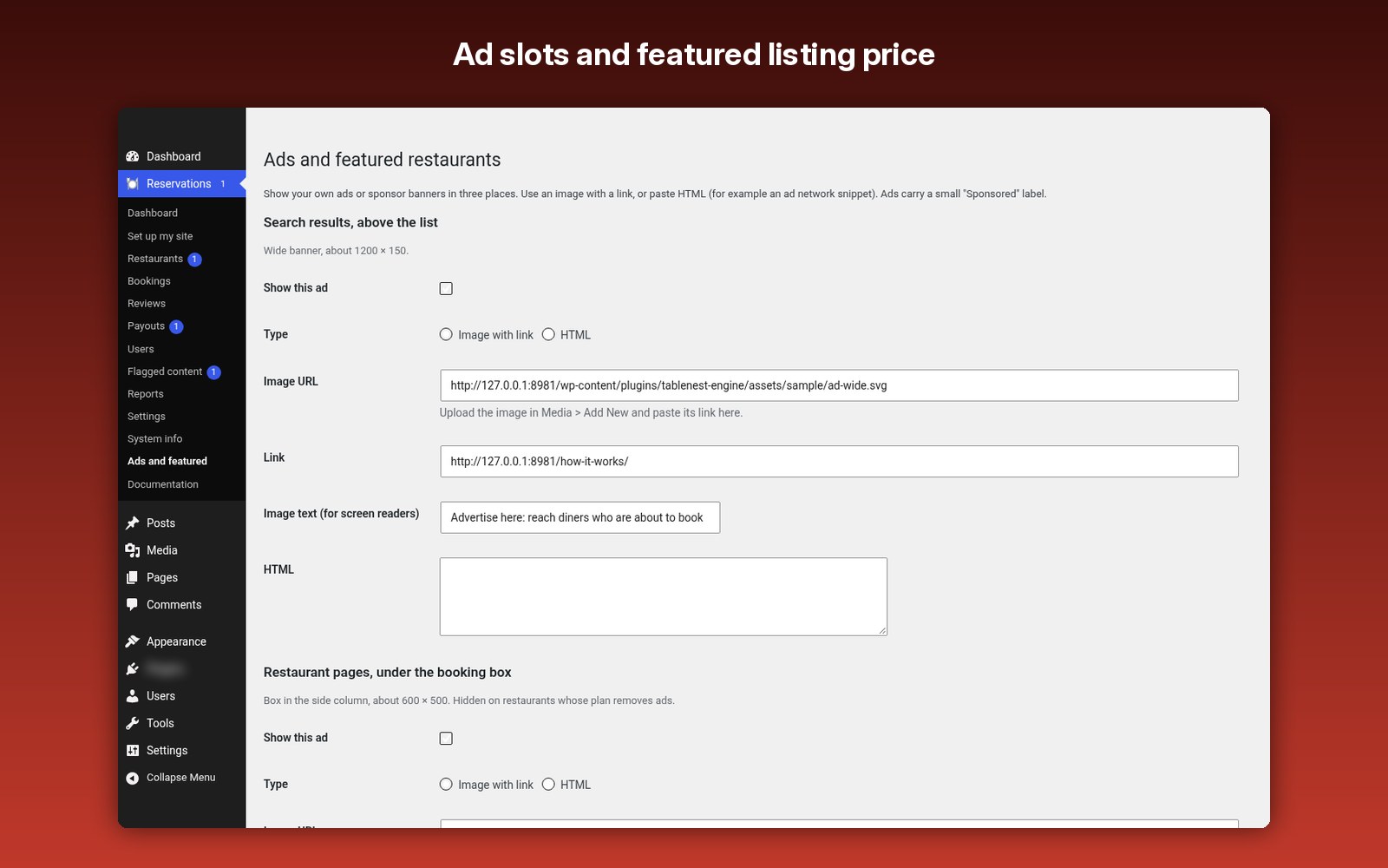 Ad slots and featured listing price