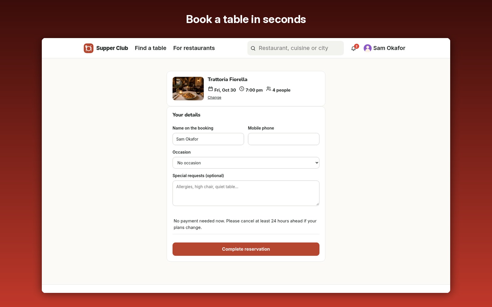 Book a table in seconds