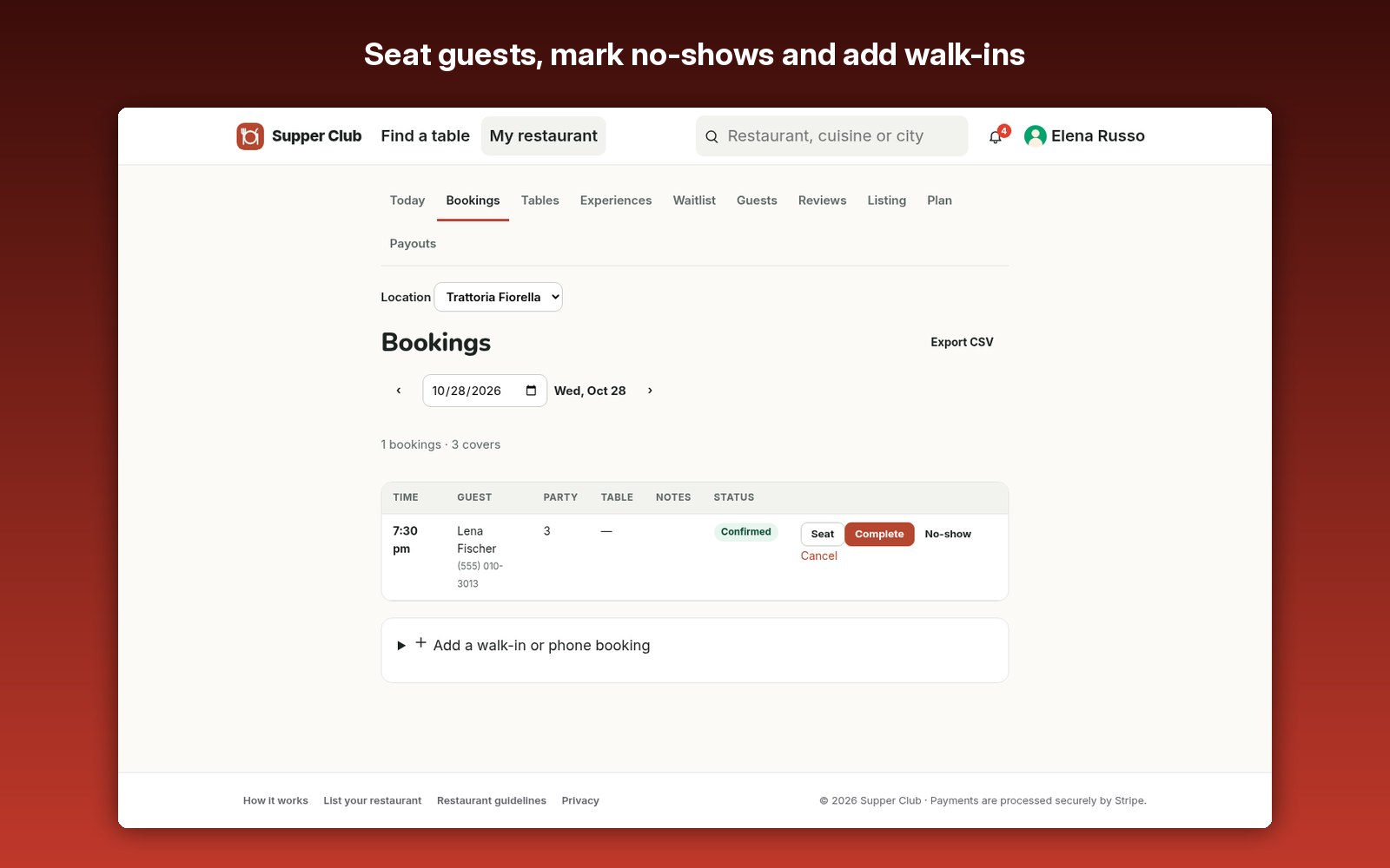 Seat guests, mark no-shows and add walk-ins