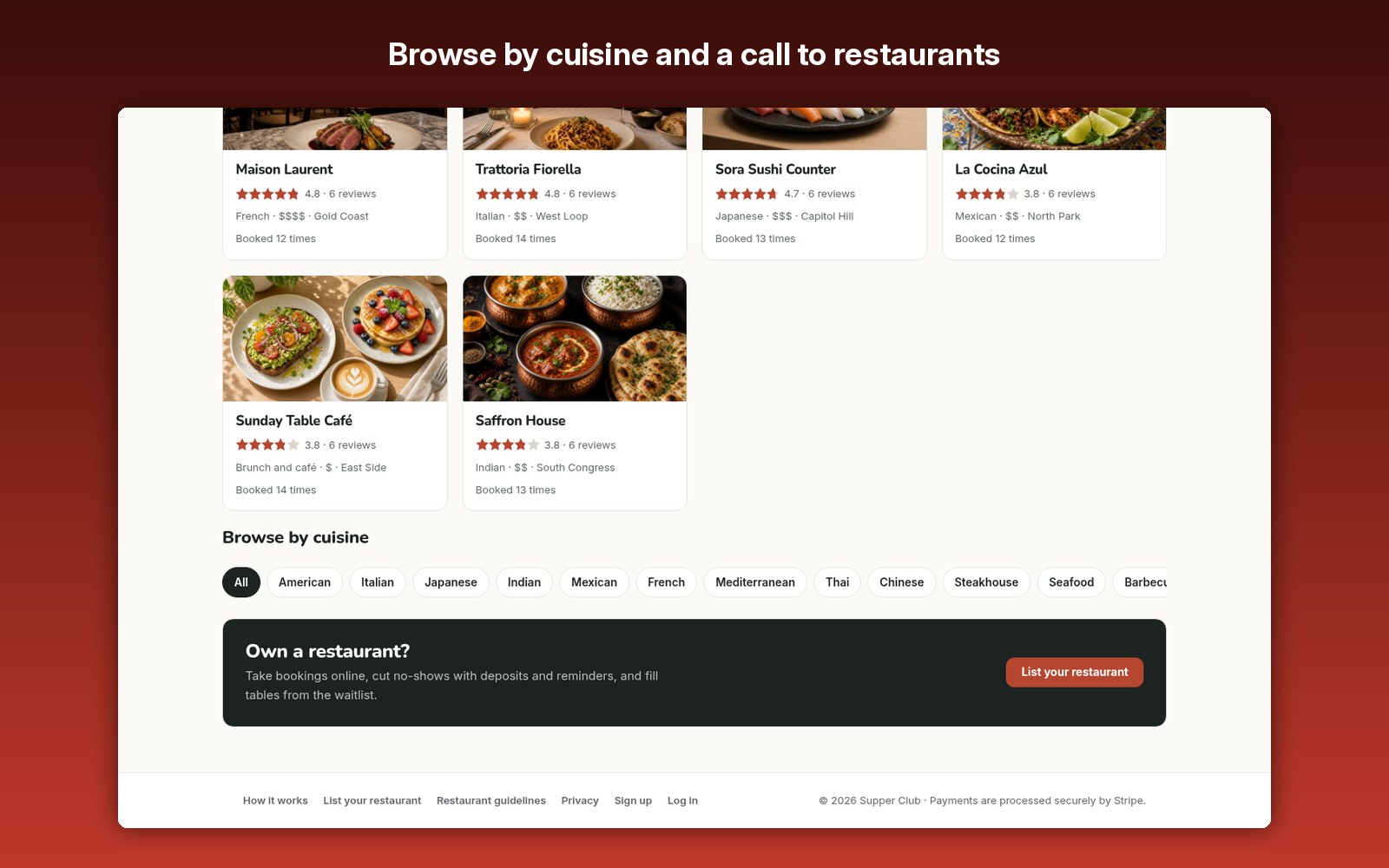 Browse by cuisine and a call to restaurants