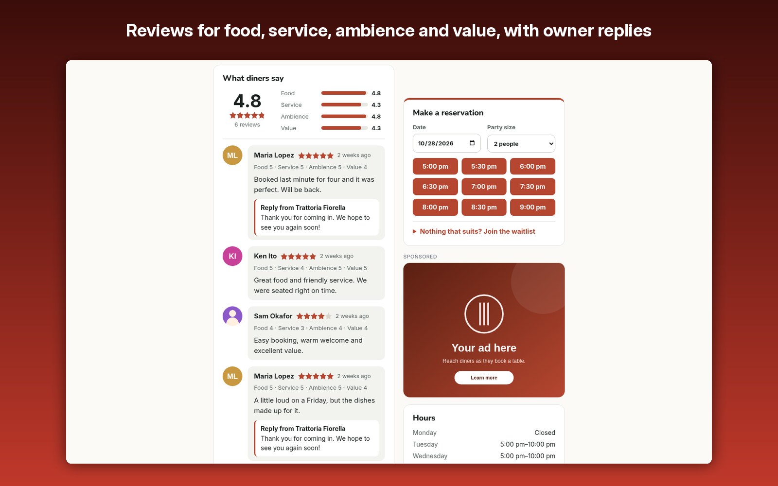 Reviews for food, service, ambience and value, with owner replies