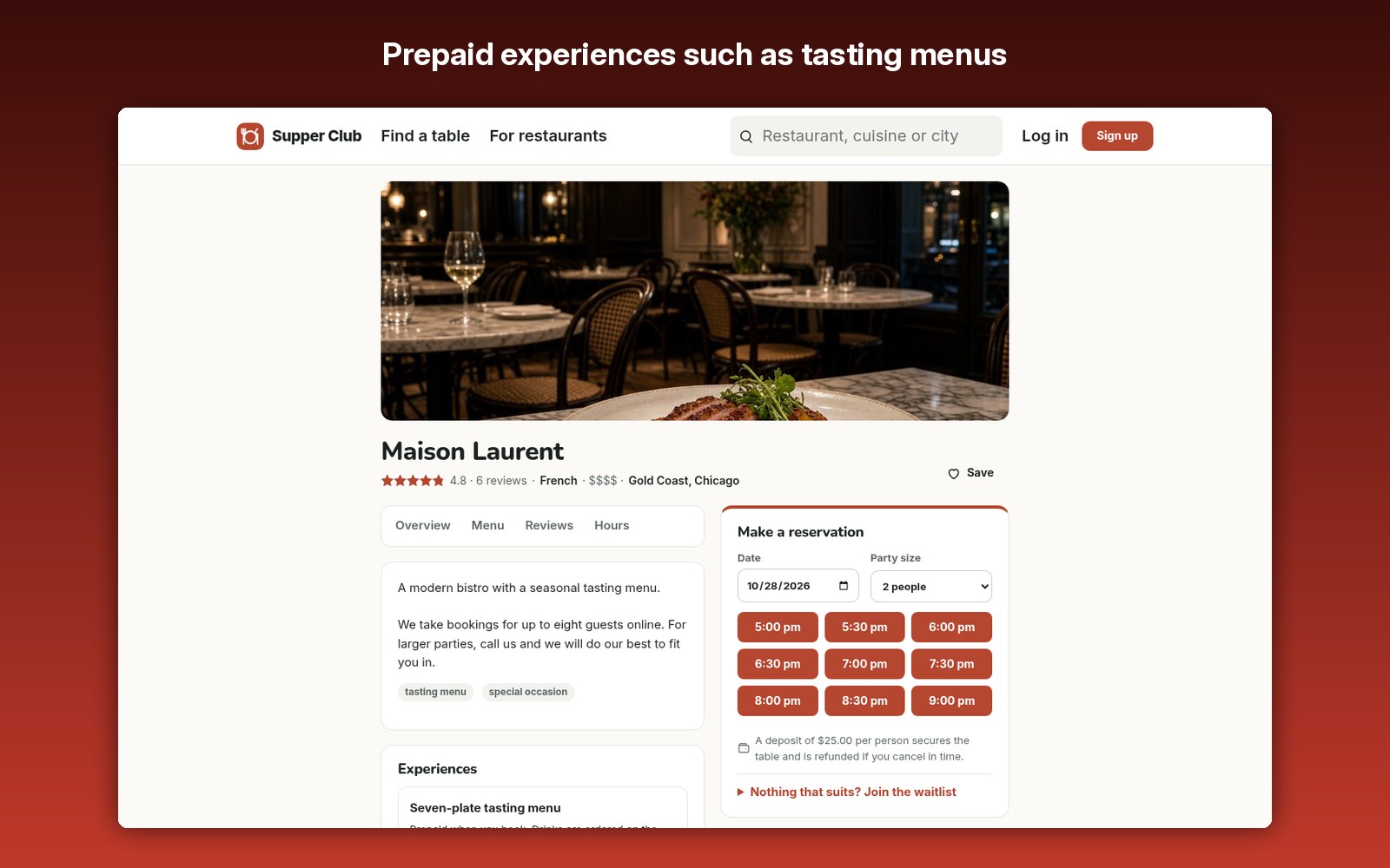 Prepaid experiences such as tasting menus