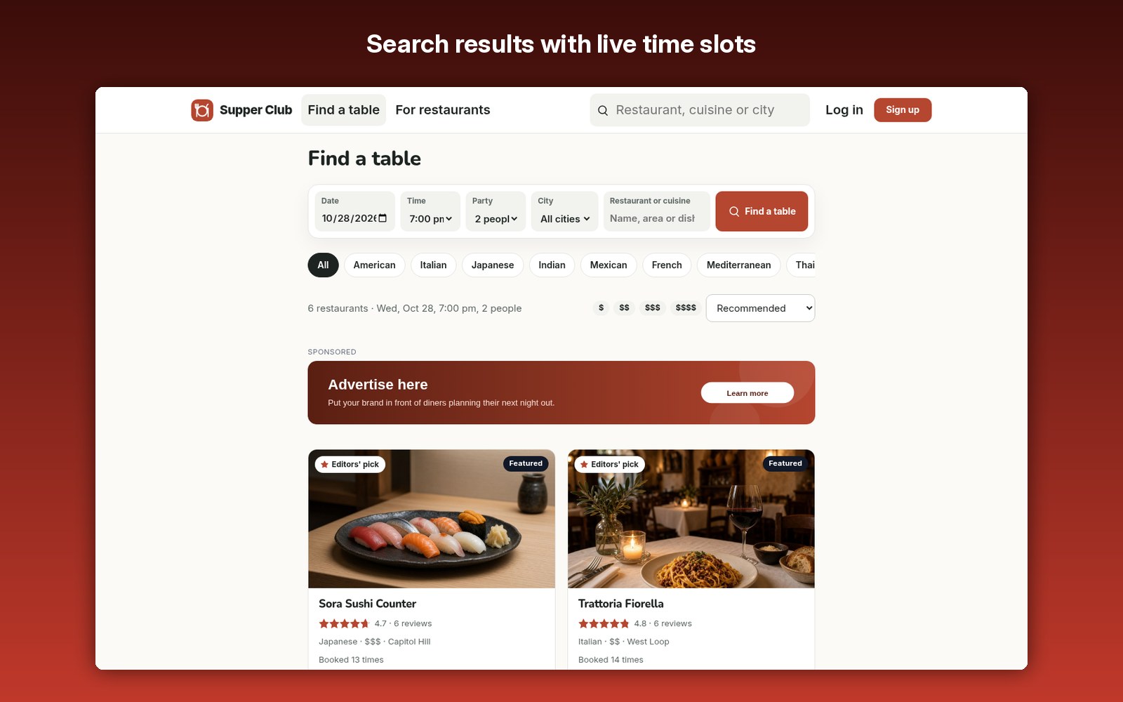 Search results with live time slots