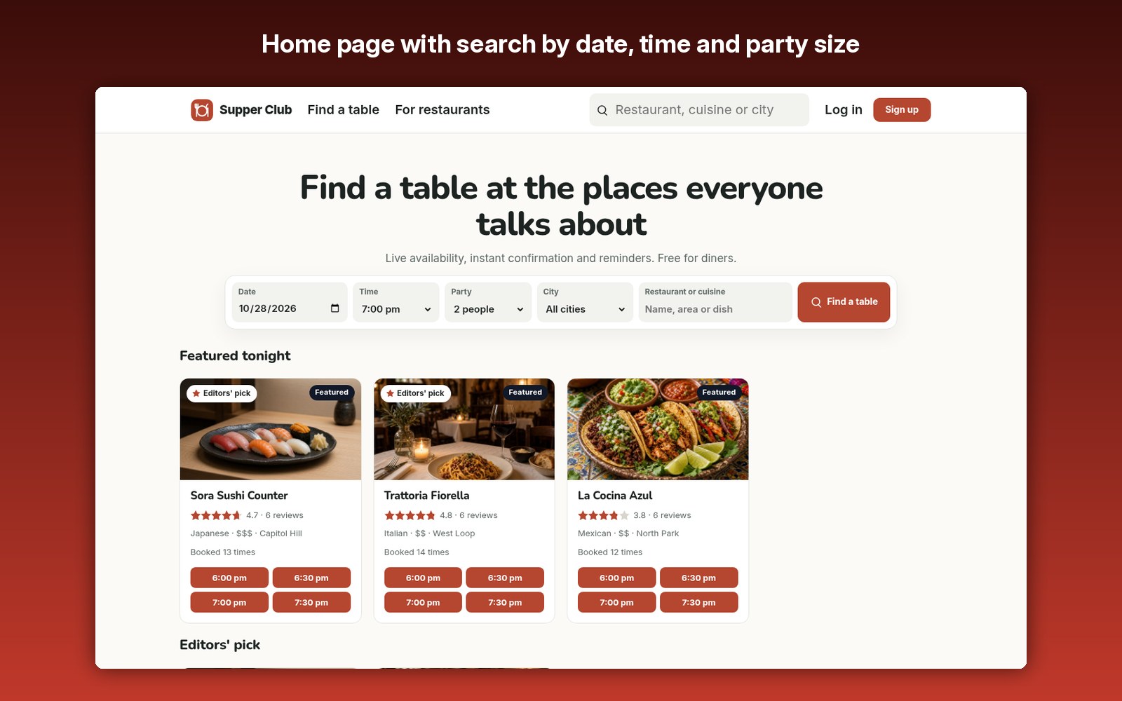 Home page with search by date, time and party size