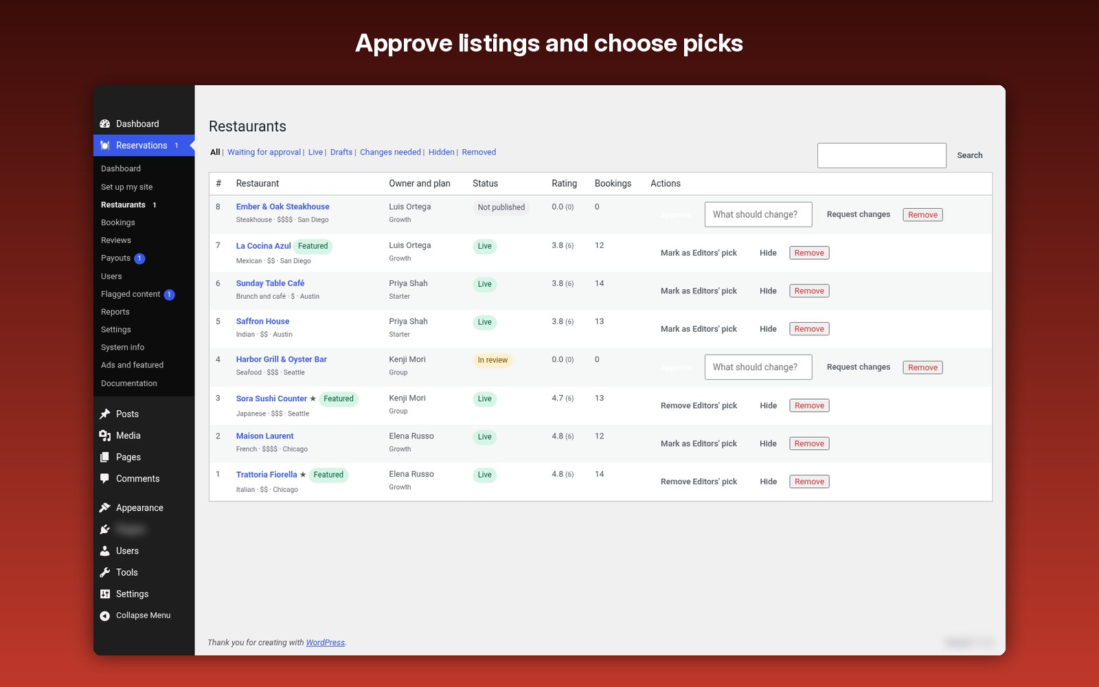 Approve listings and choose picks