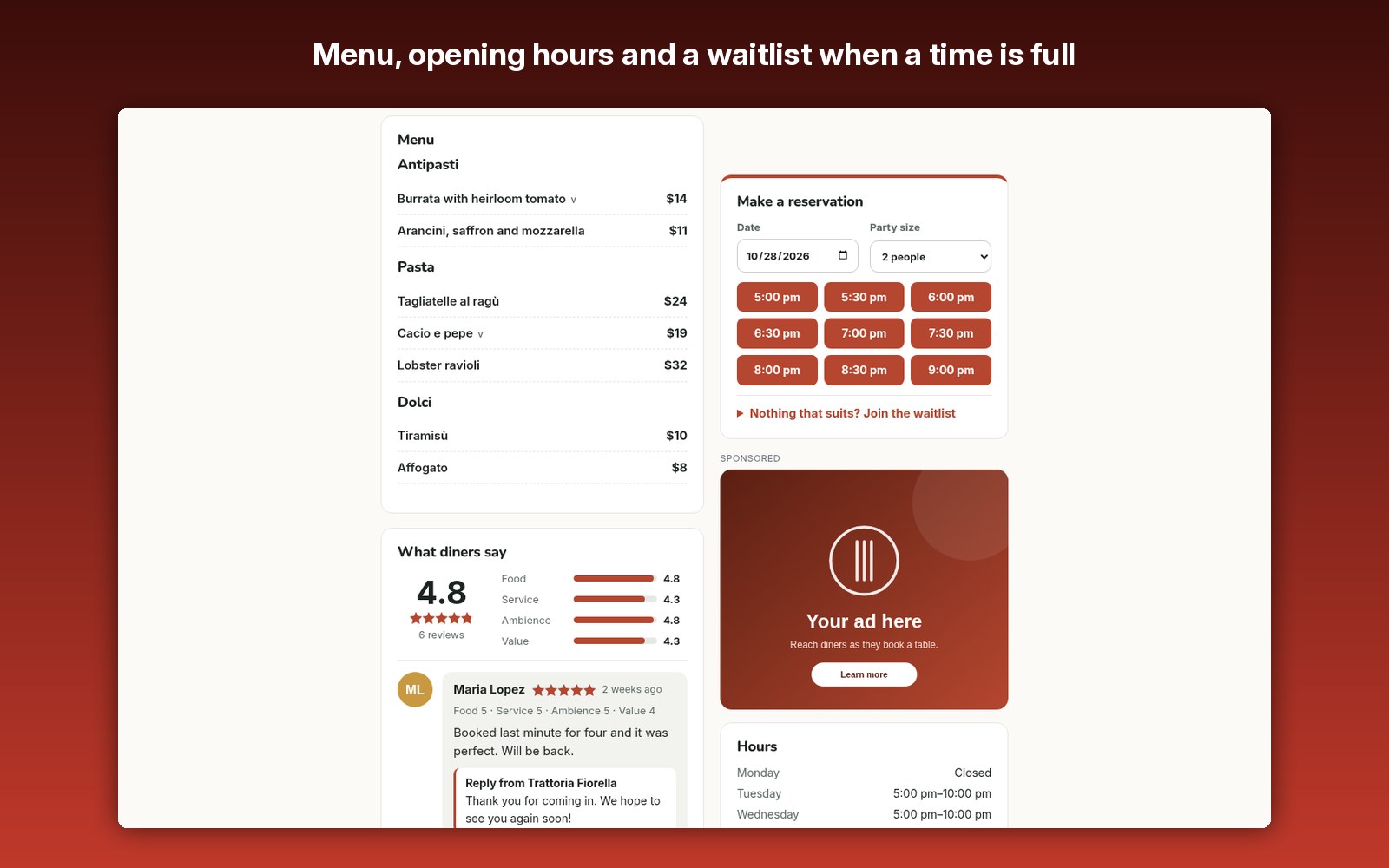 Menu, opening hours and a waitlist when a time is full