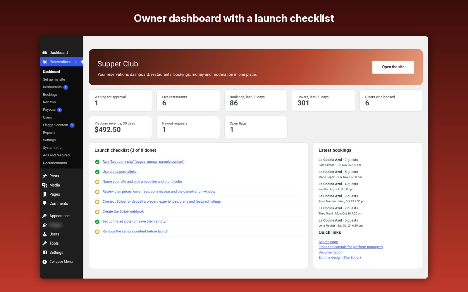 Owner dashboard with a launch checklist