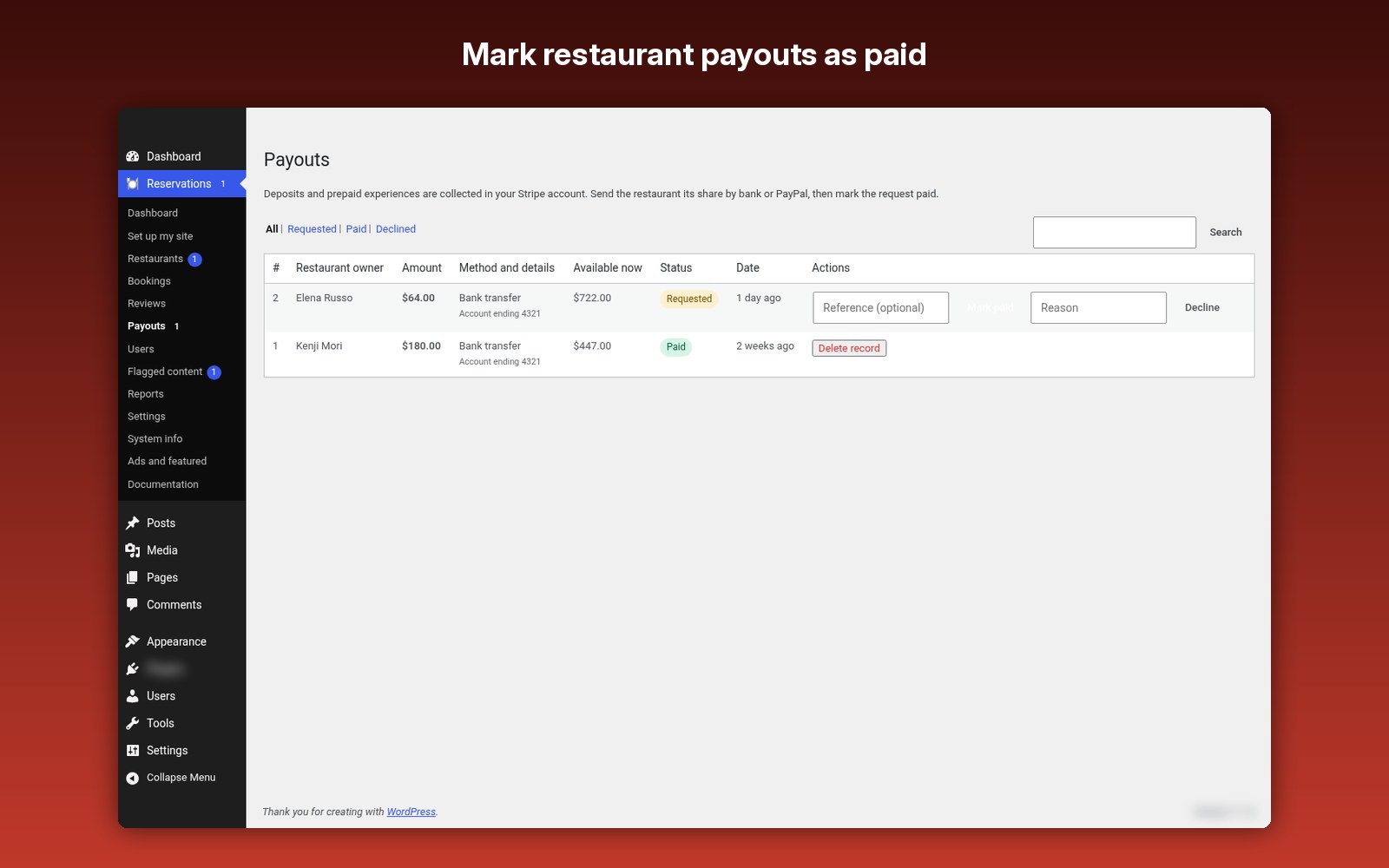 Mark restaurant payouts as paid