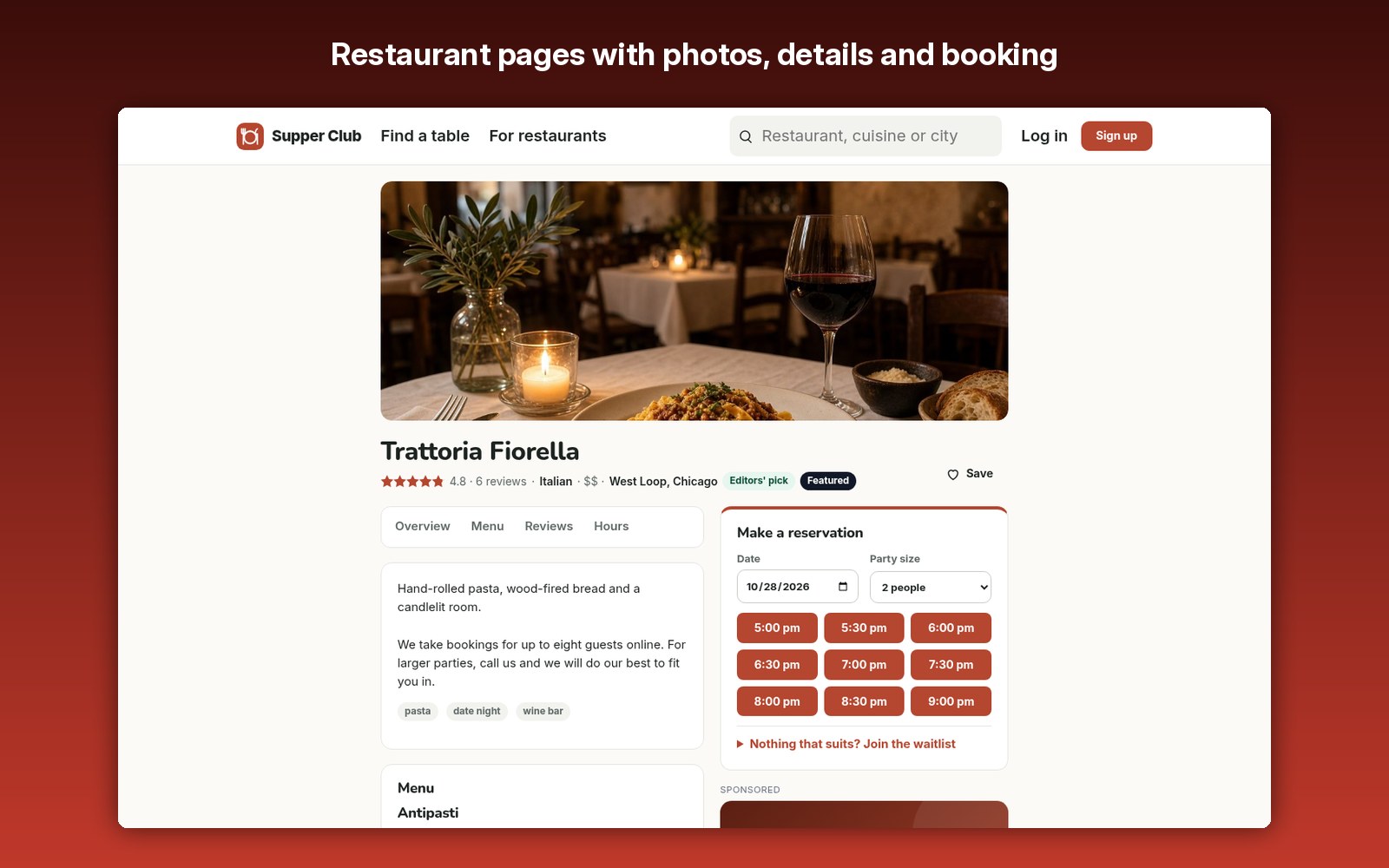Restaurant pages with photos, details and booking