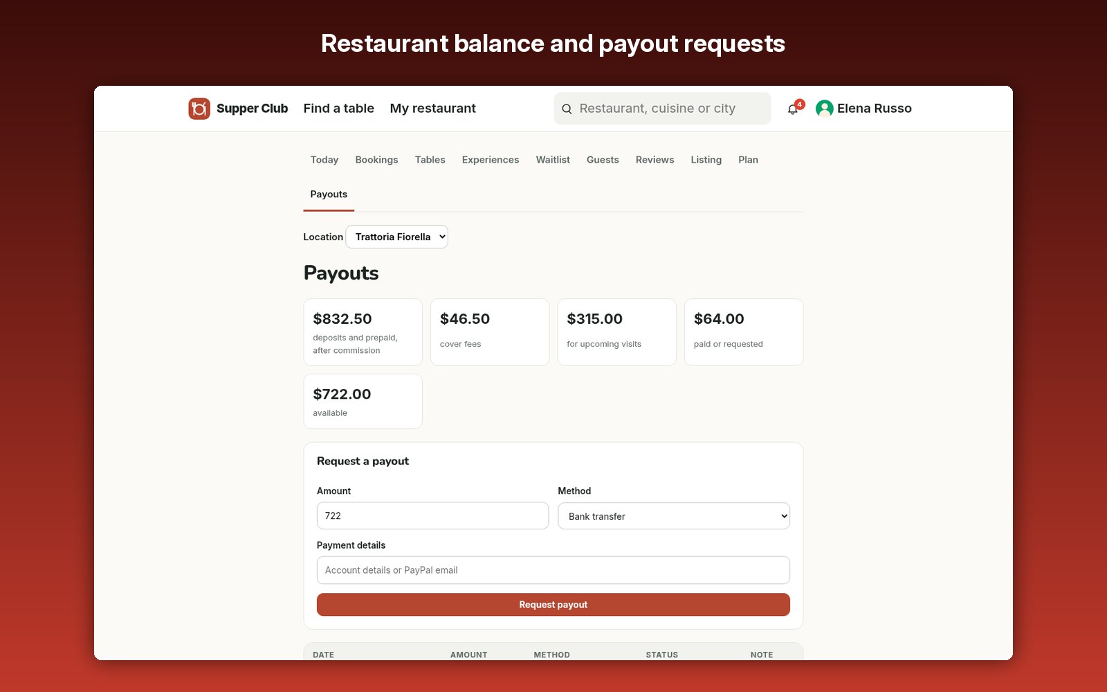Restaurant balance and payout requests