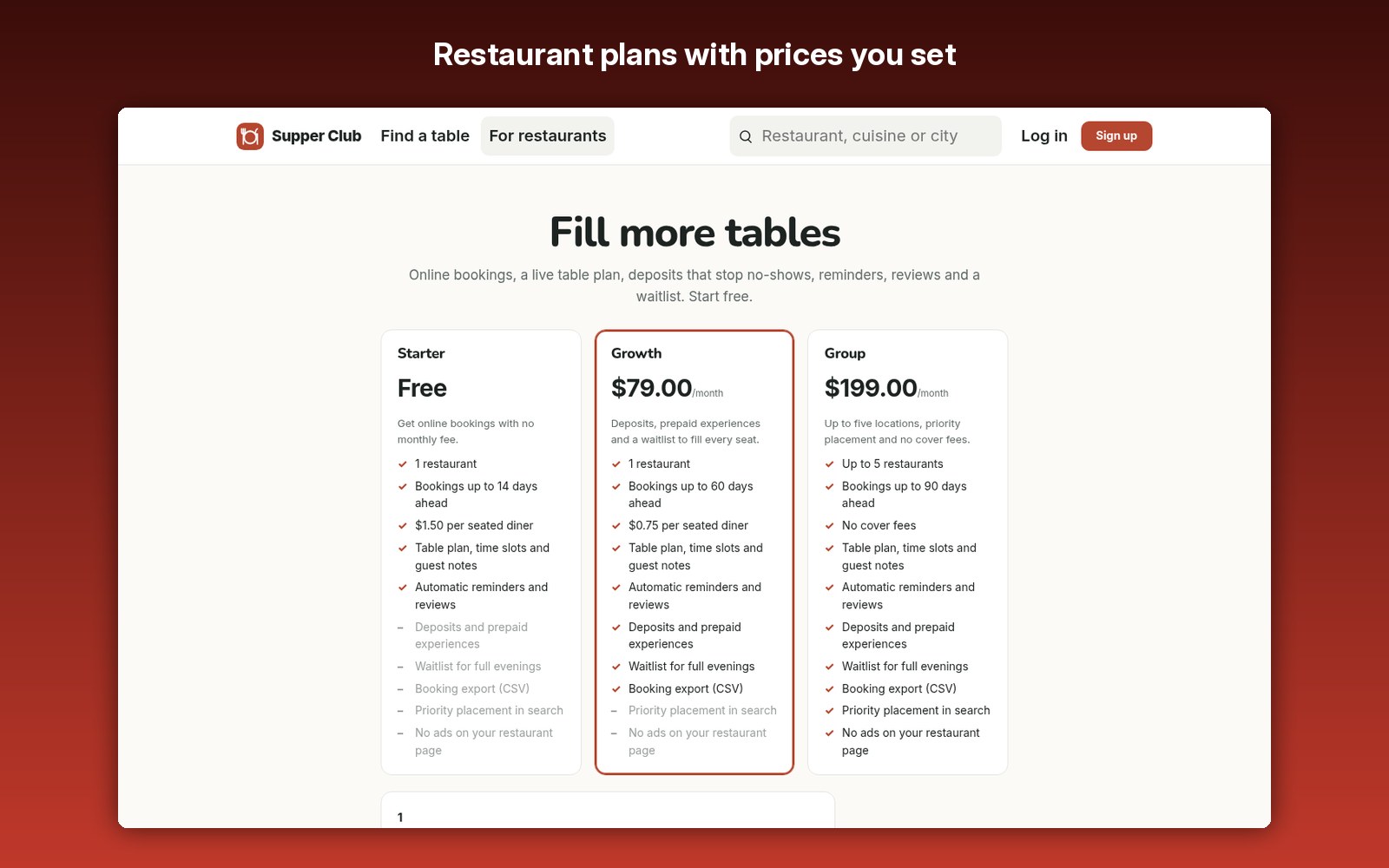 Restaurant plans with prices you set