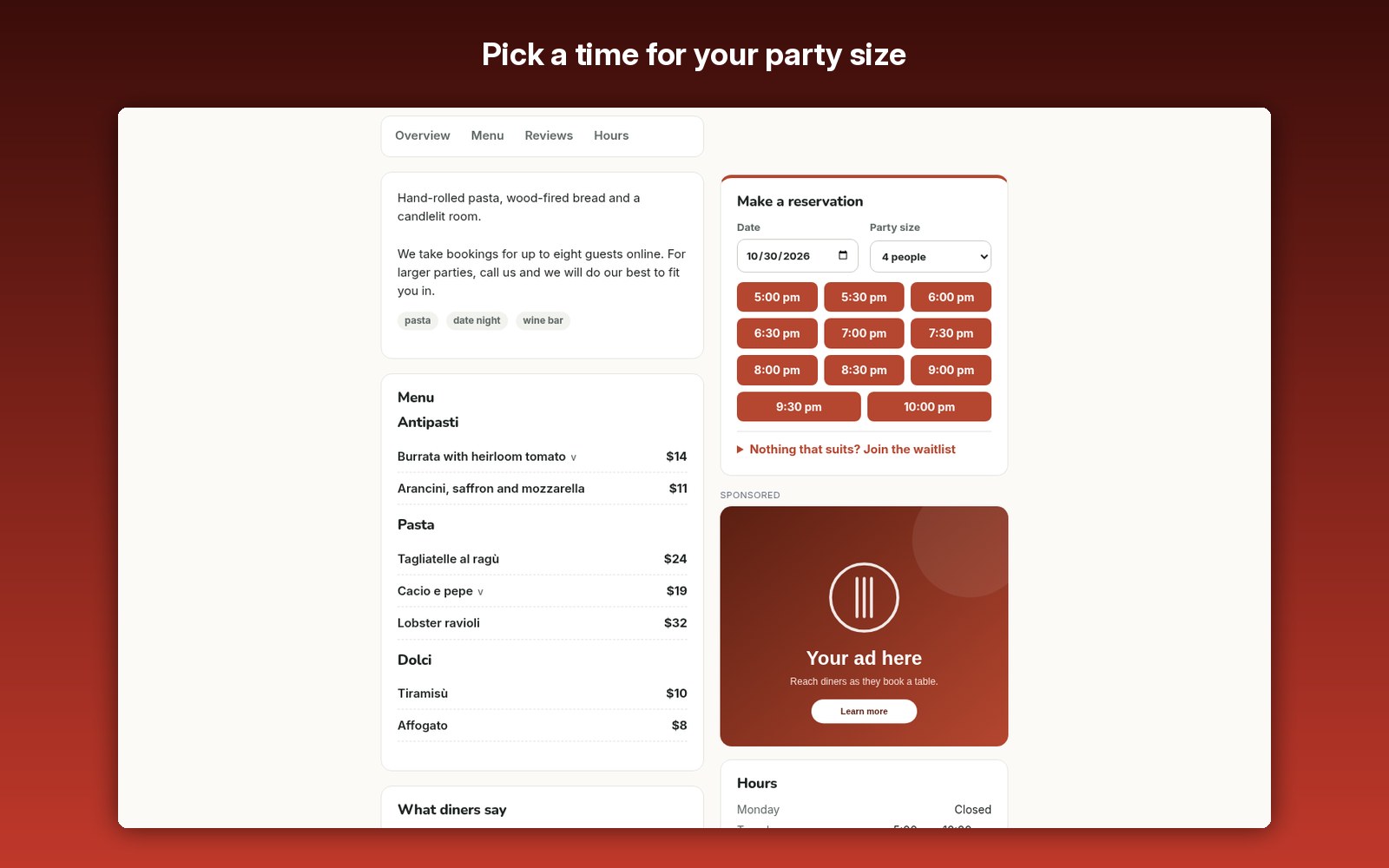 Pick a time for your party size
