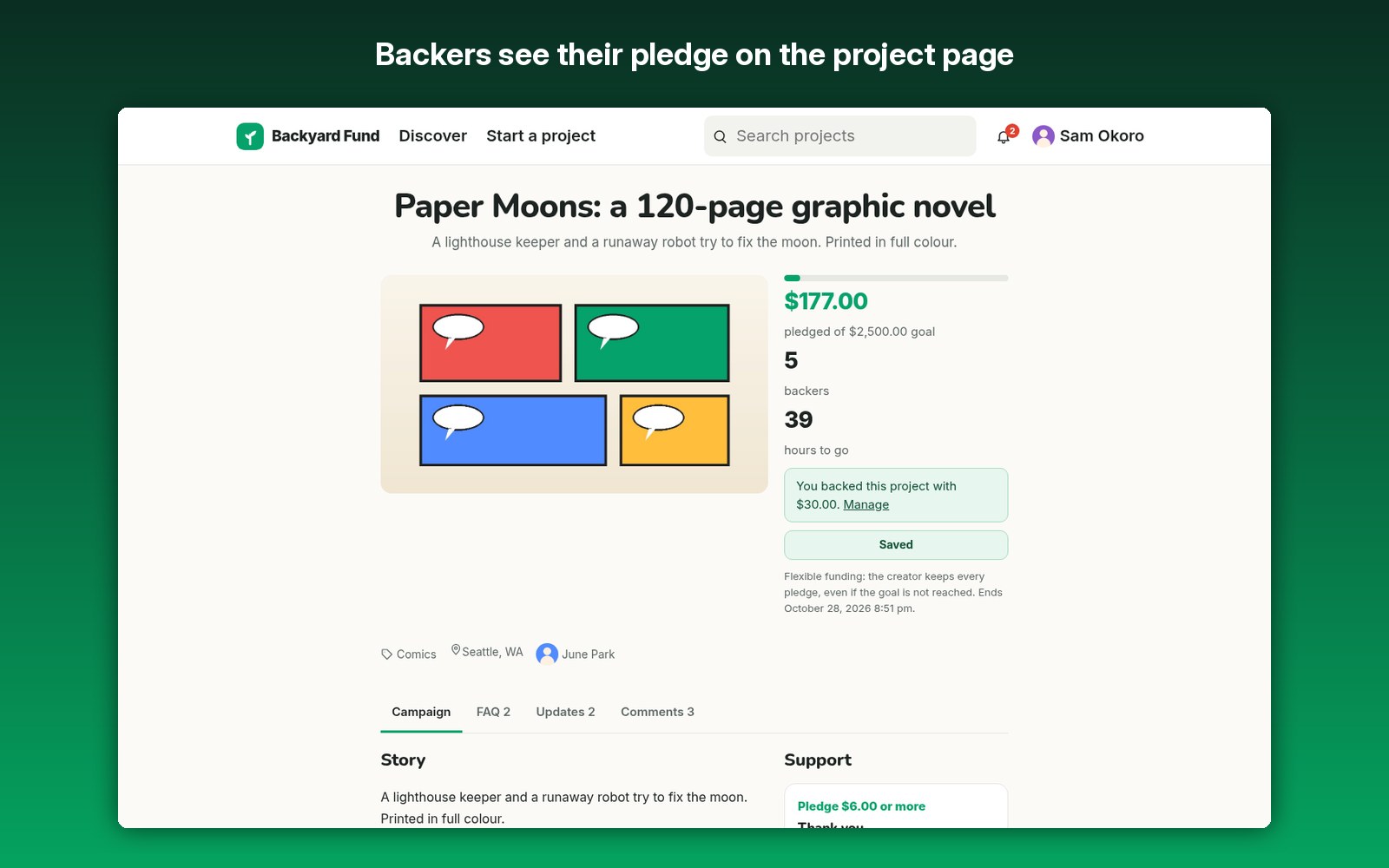 Backers see their pledge on the project page