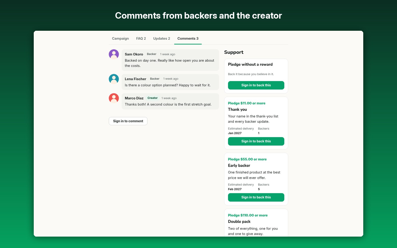 Comments from backers and the creator