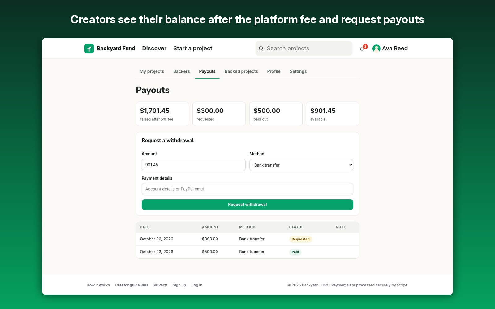 Creators see their balance after the platform fee and request payouts