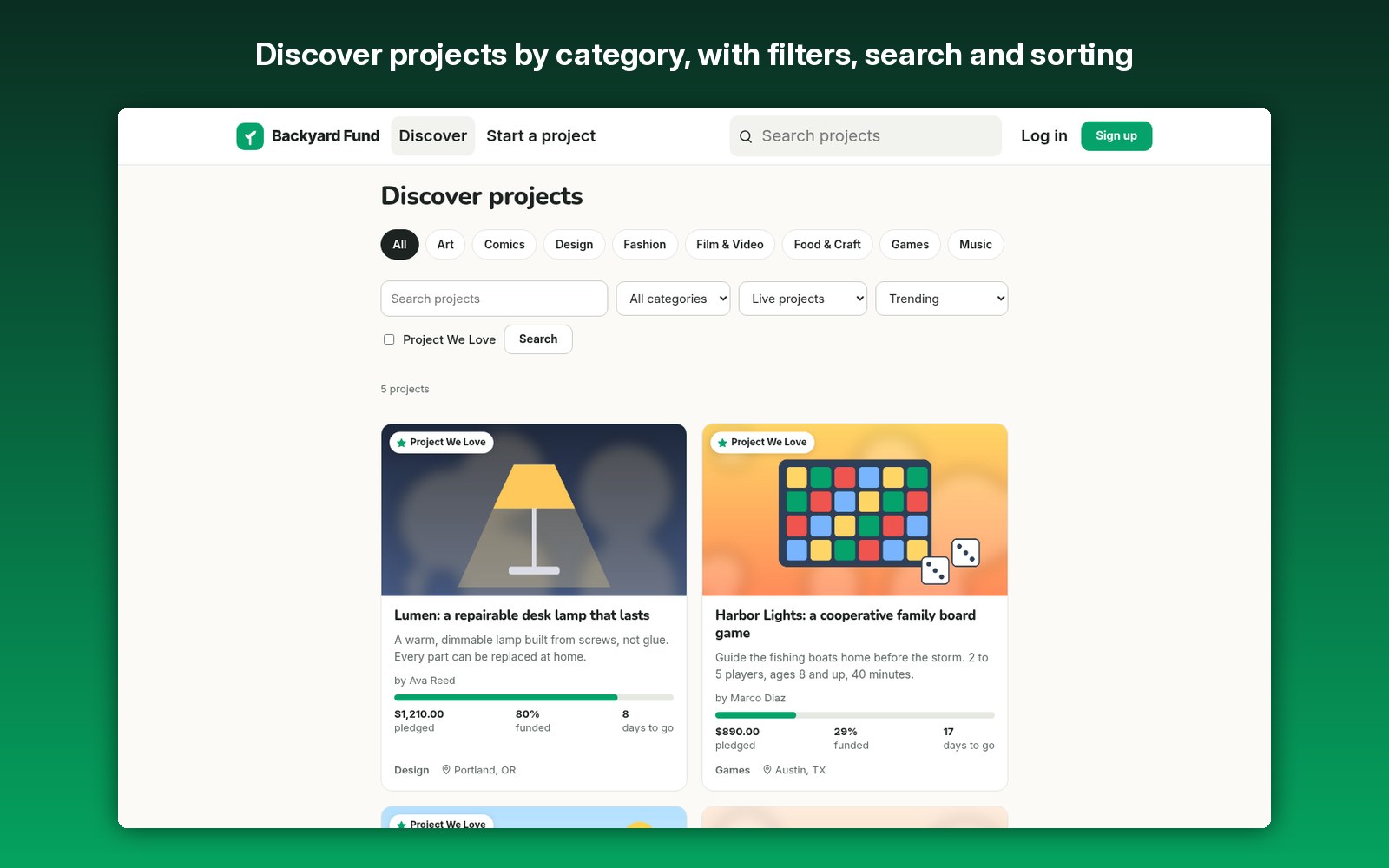 Discover projects by category, with filters, search and sorting