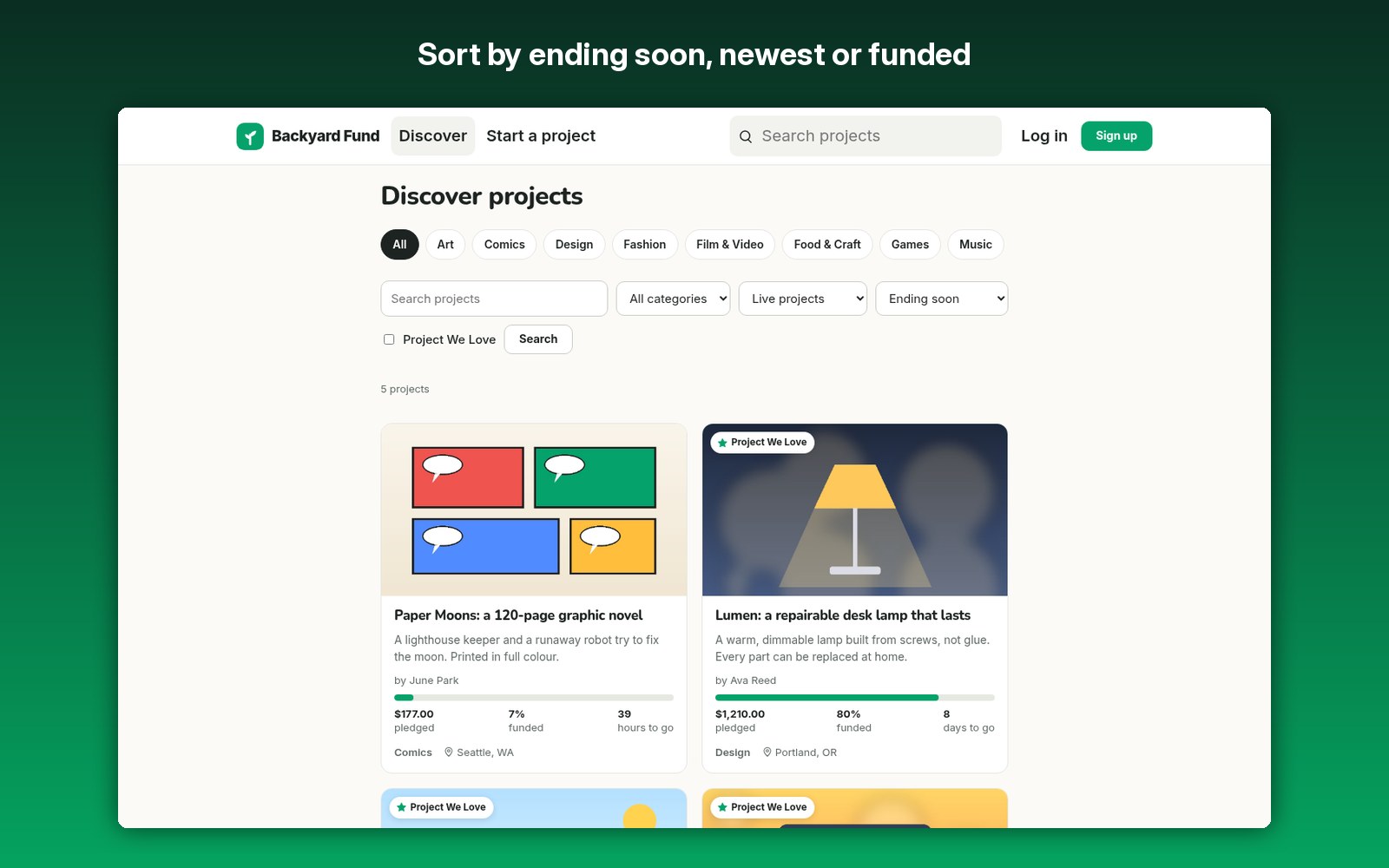 Sort by ending soon, newest or funded