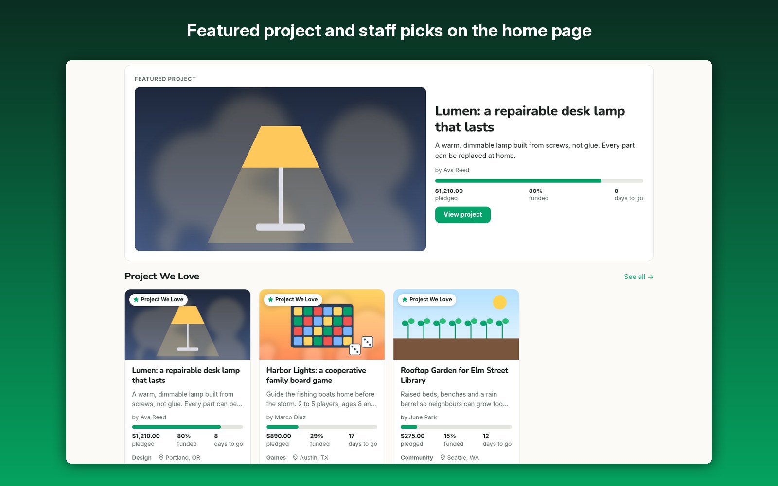 Featured project and staff picks on the home page