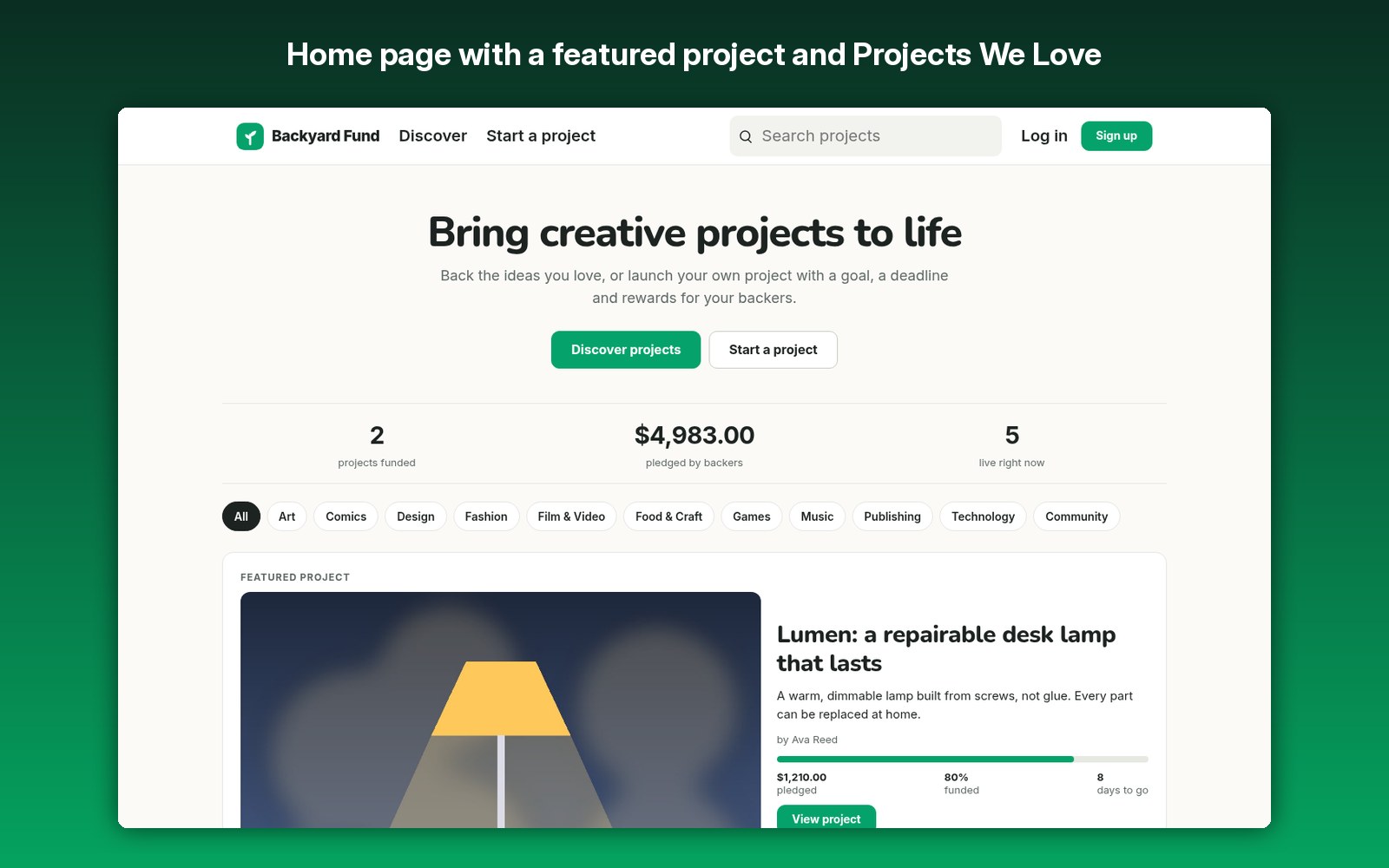 Home page with a featured project and Projects We Love
