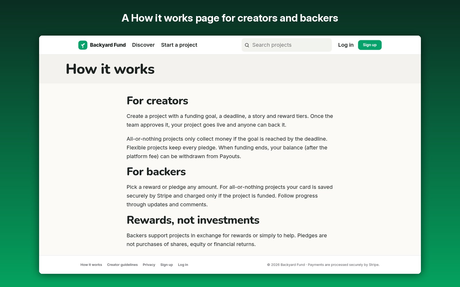 A How it works page for creators and backers