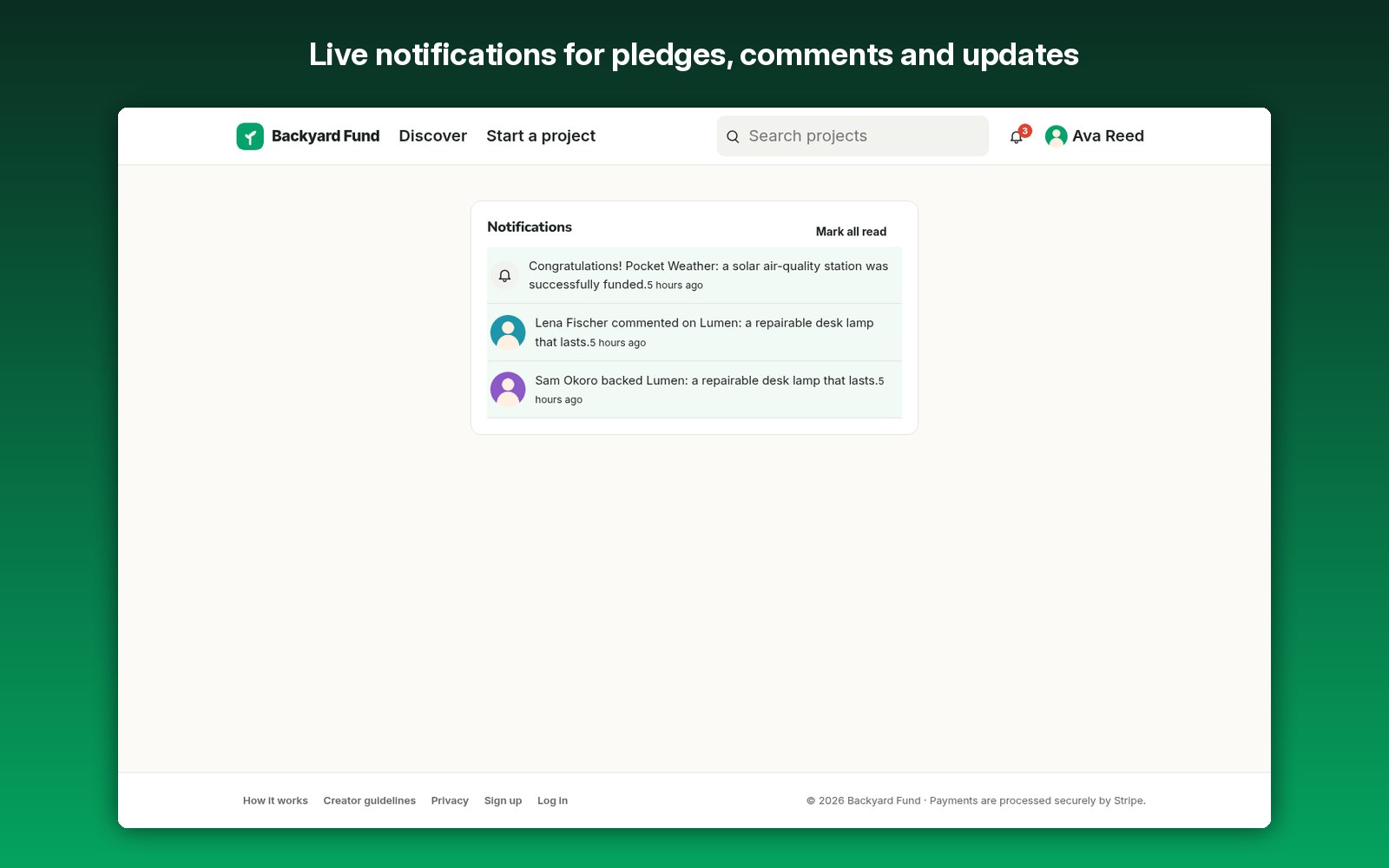 Live notifications for pledges, comments and updates