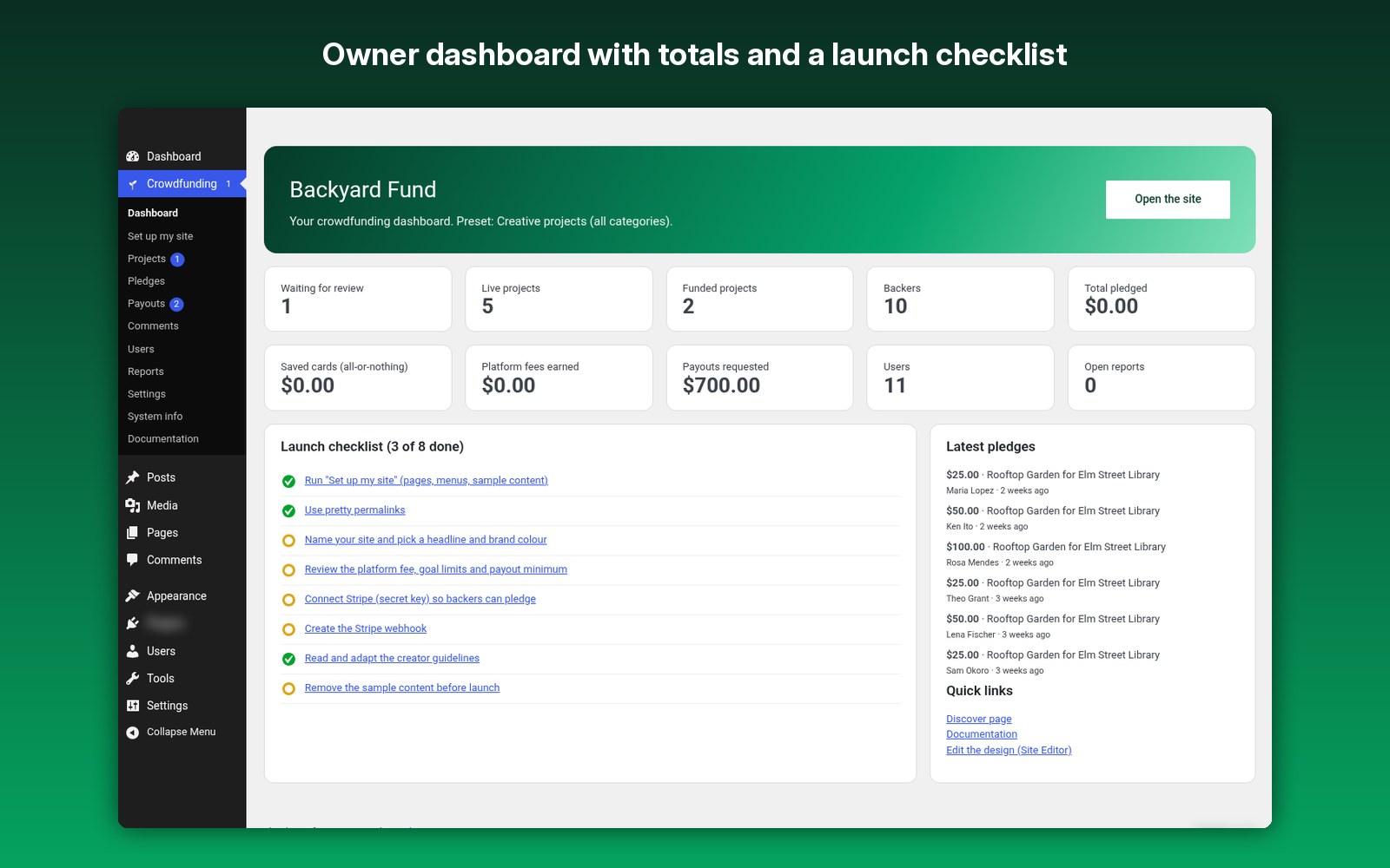 Owner dashboard with totals and a launch checklist