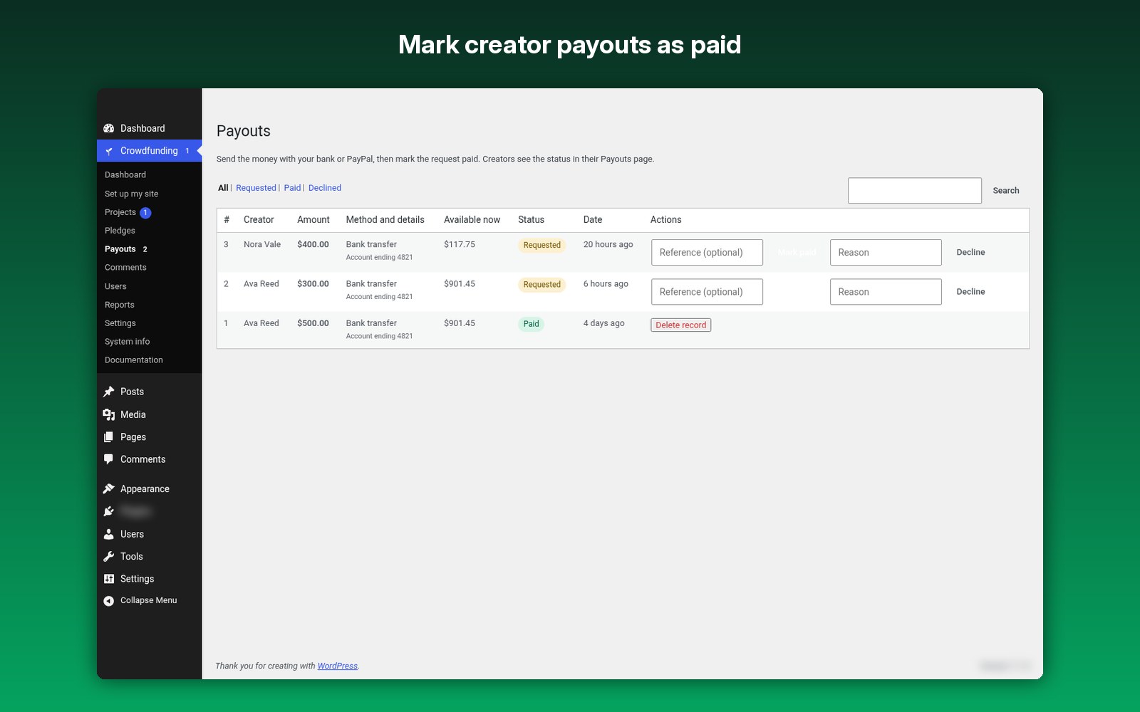 Mark creator payouts as paid