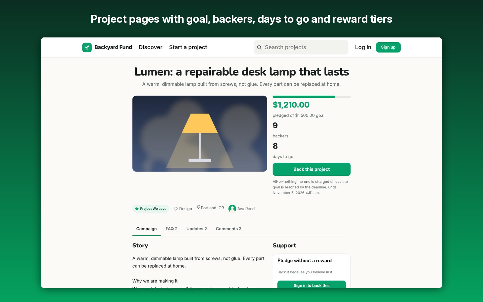 Project pages with goal, backers, days to go and reward tiers