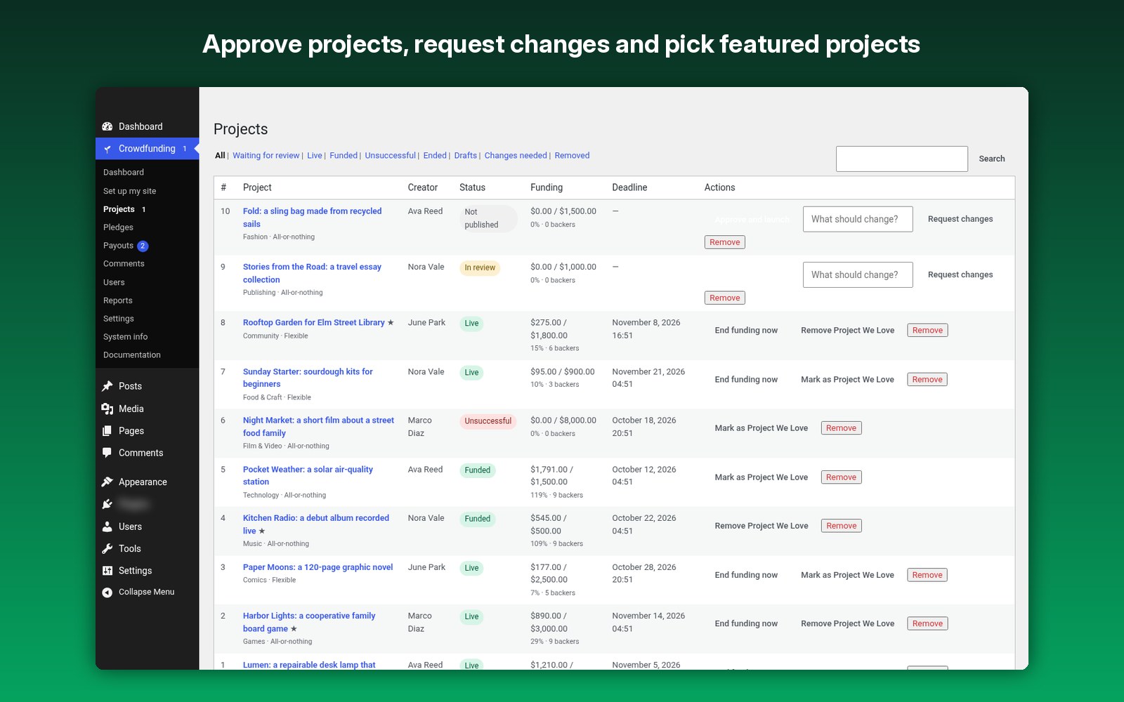 Approve projects, request changes and pick featured projects