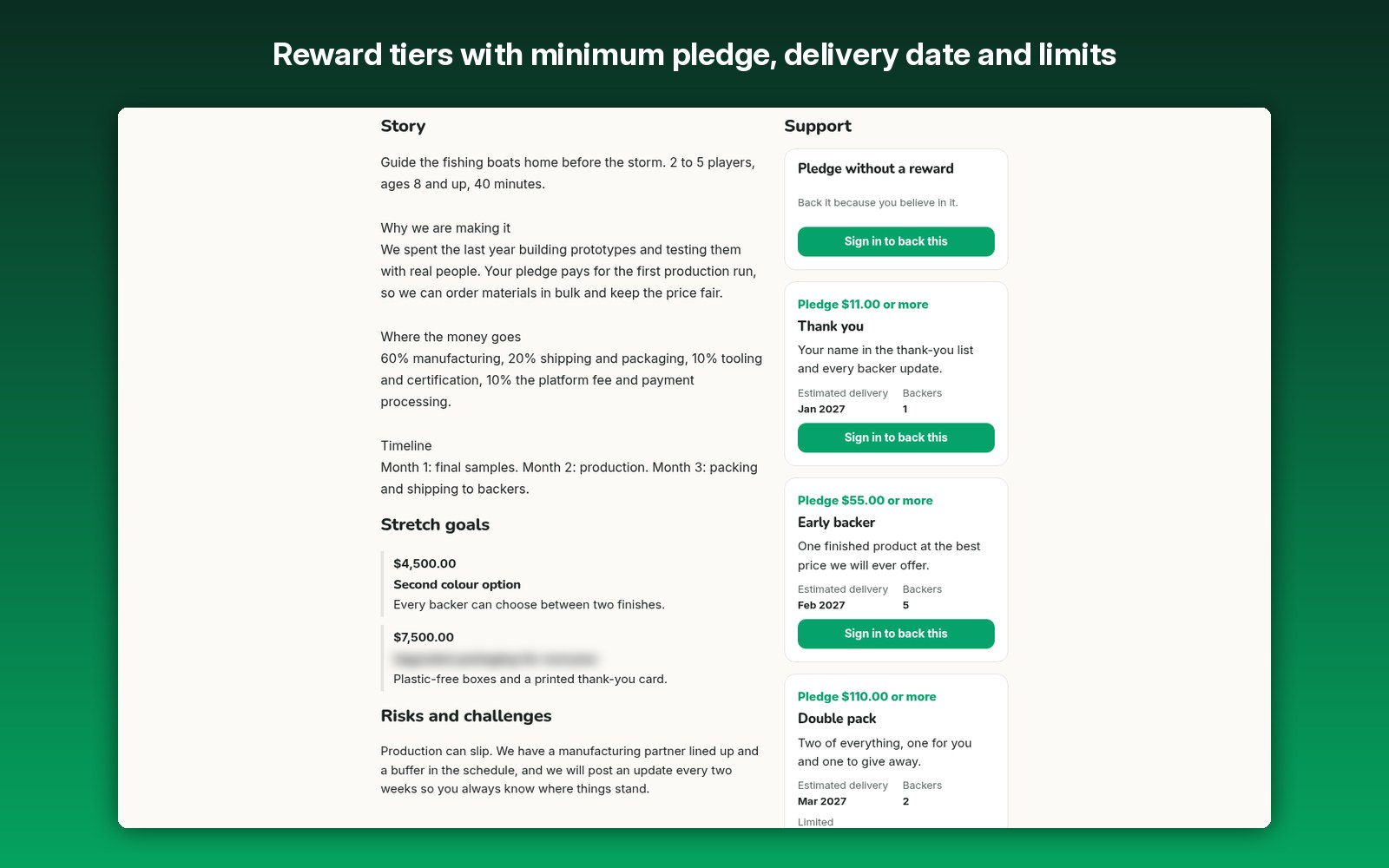 Reward tiers with minimum pledge, delivery date and limits