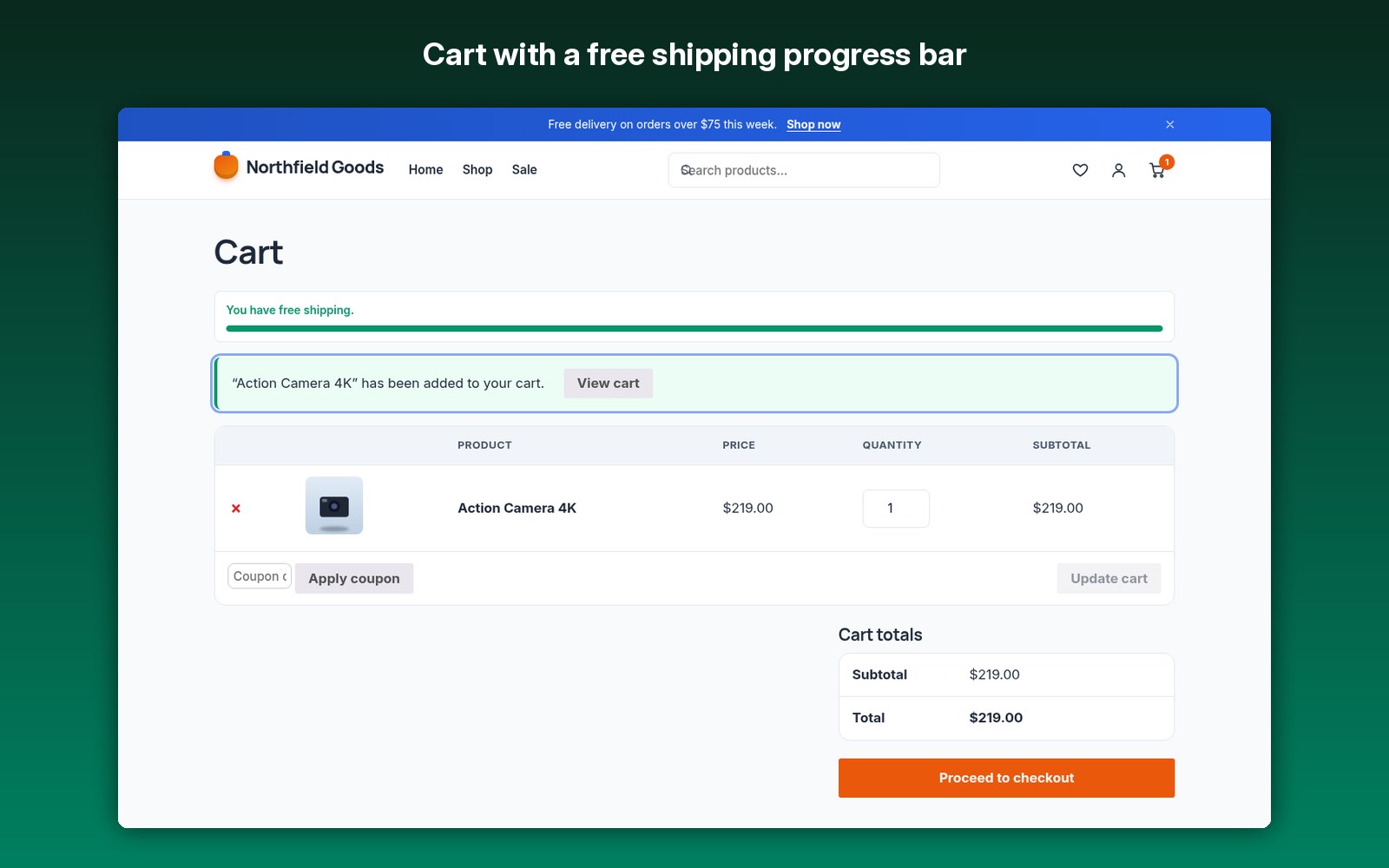 Cart with a free shipping progress bar