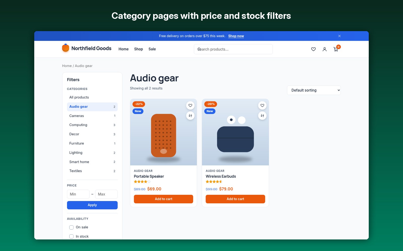 Category pages with price and stock filters