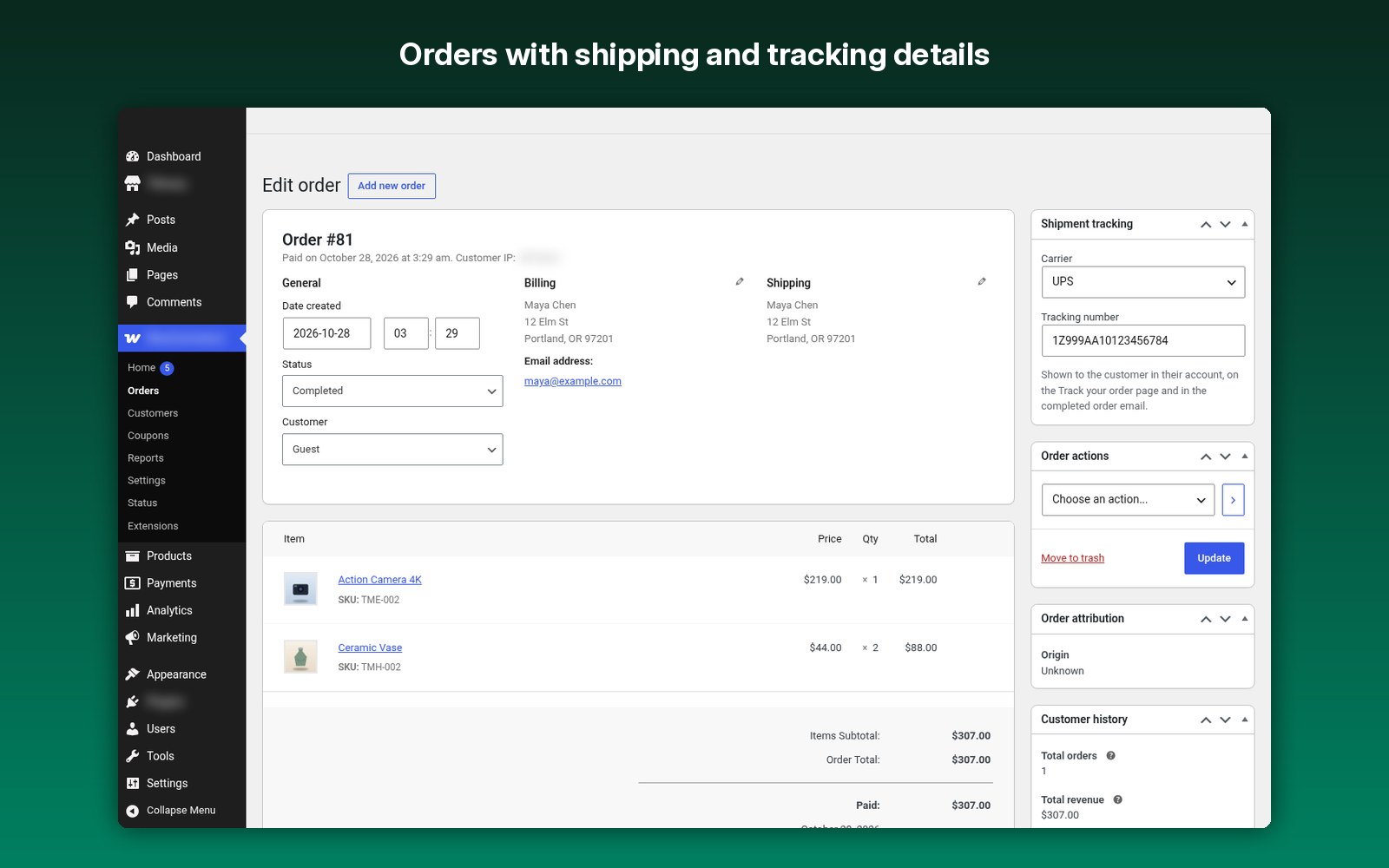 Orders with shipping and tracking details