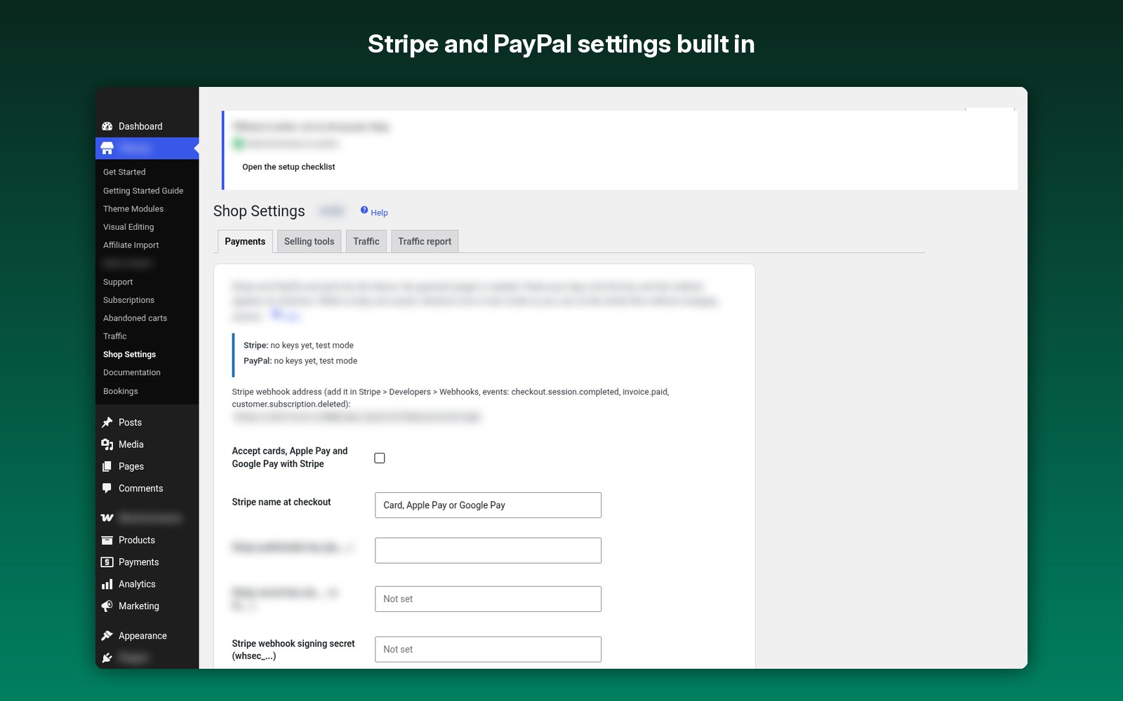 Stripe and PayPal settings built in