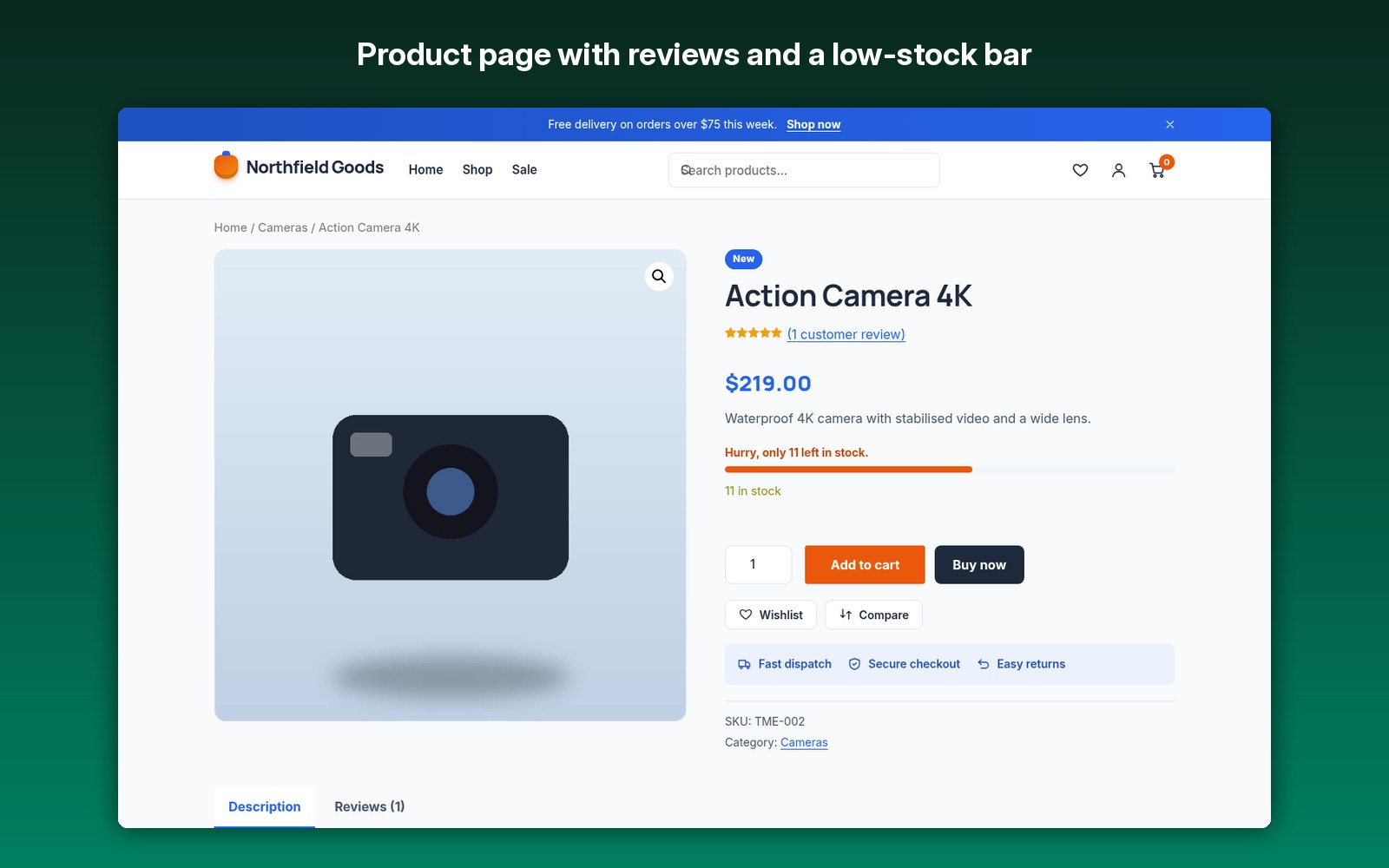 Product page with reviews and a low-stock bar